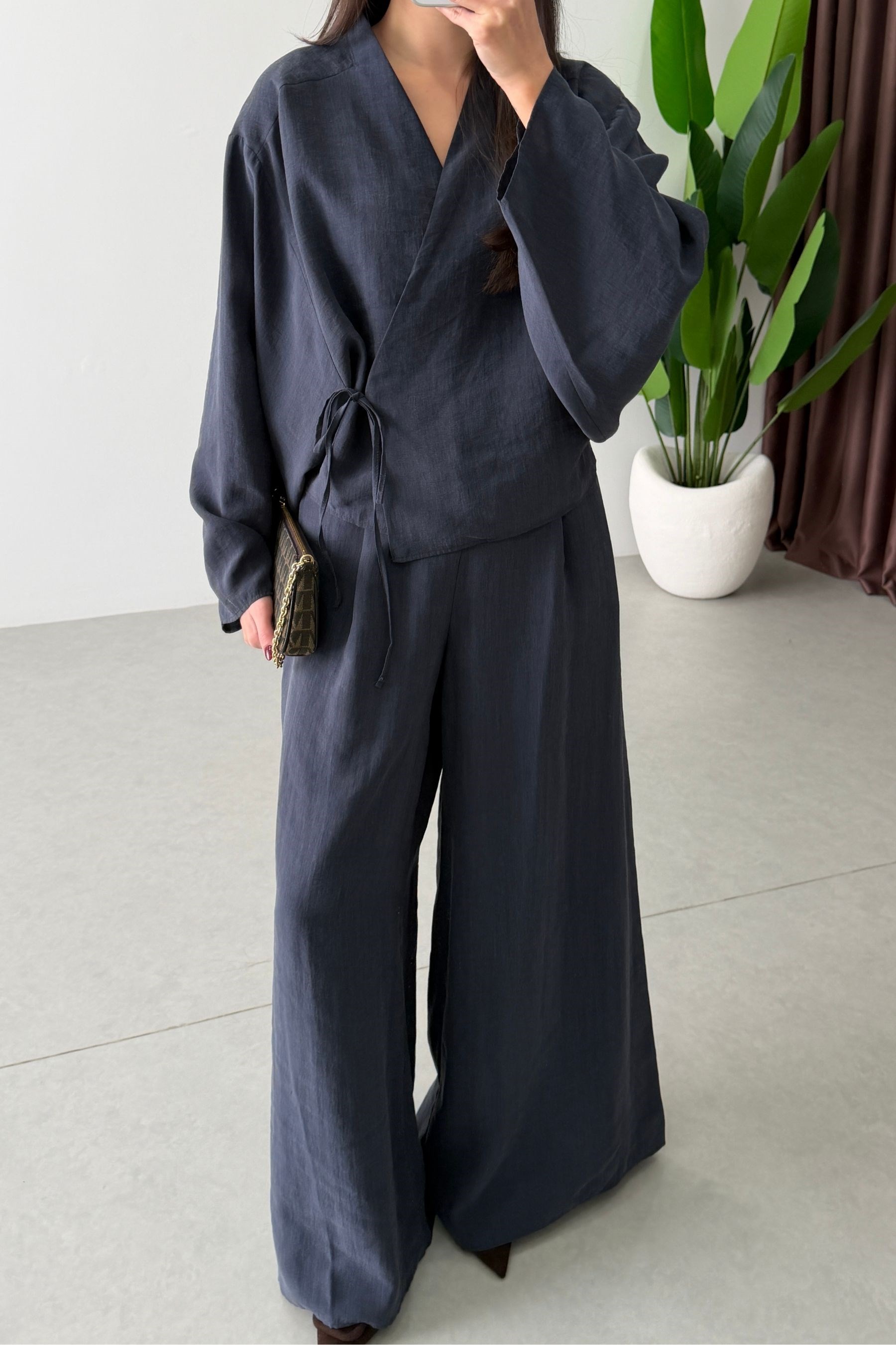 Limba Lacivert Tensel Kimono Pantolon Takım