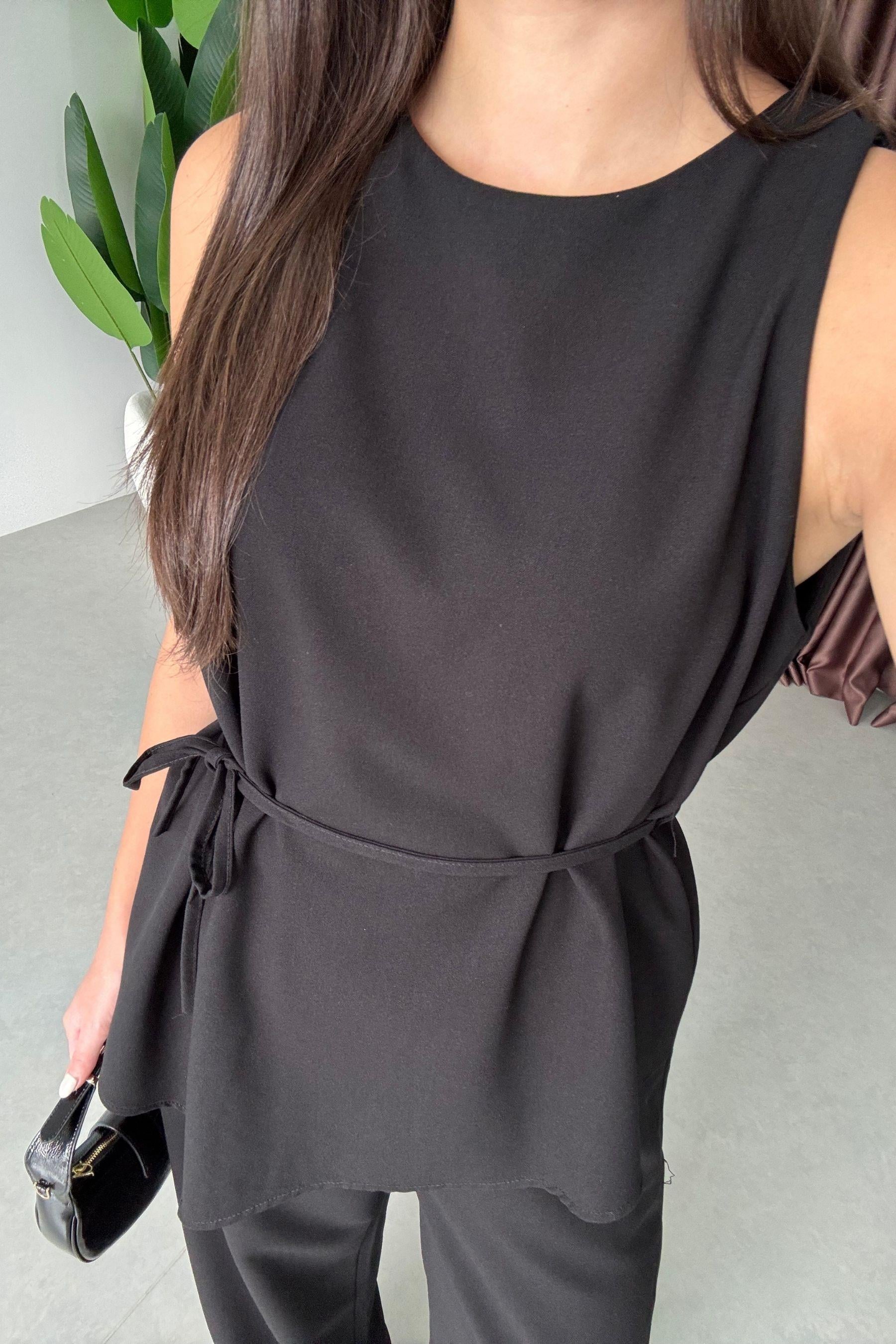 Linez Siyah Asimetrik Bluz Pantolon Takım
