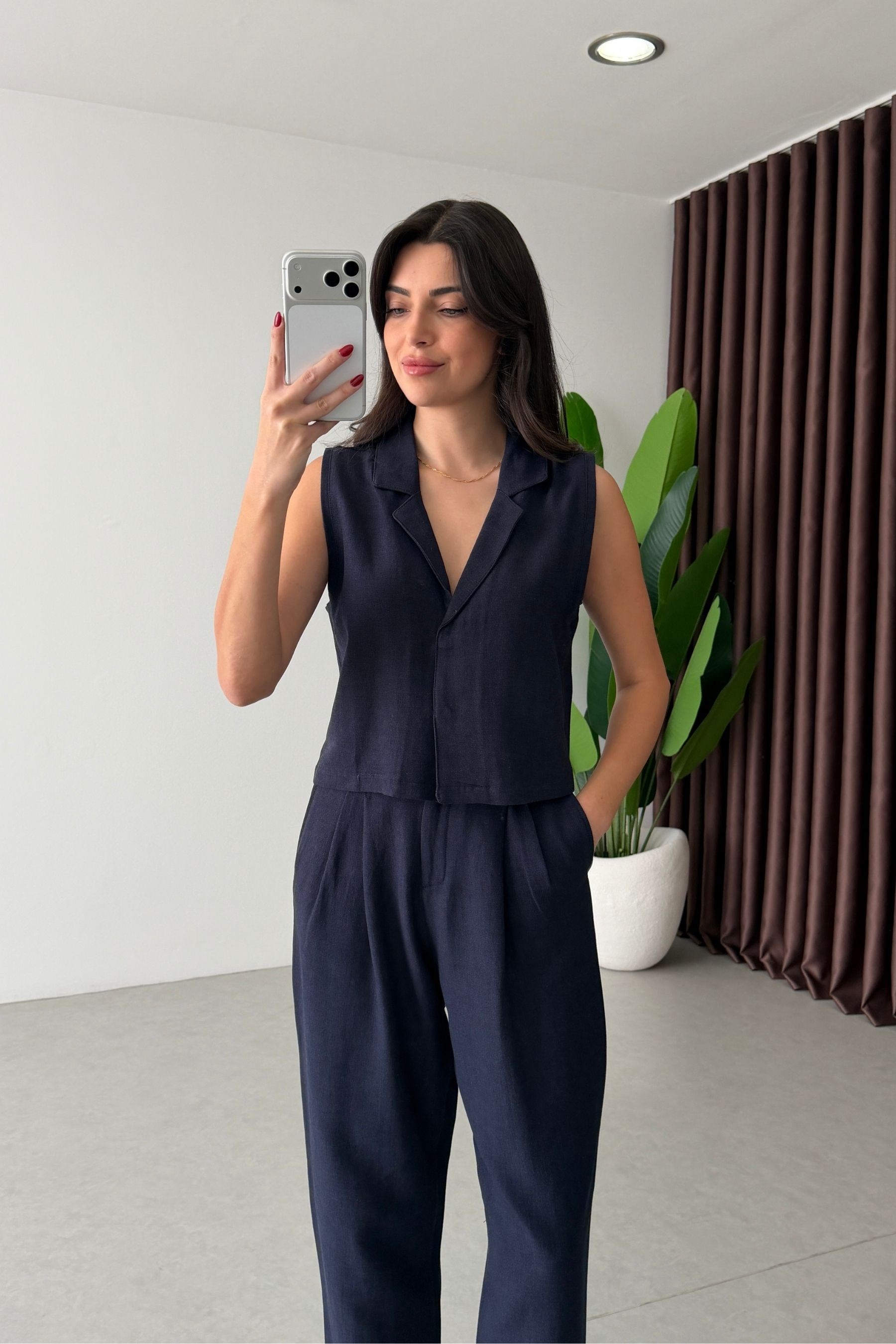 Livia Lacivert Keten Yelek Pantolon Takım