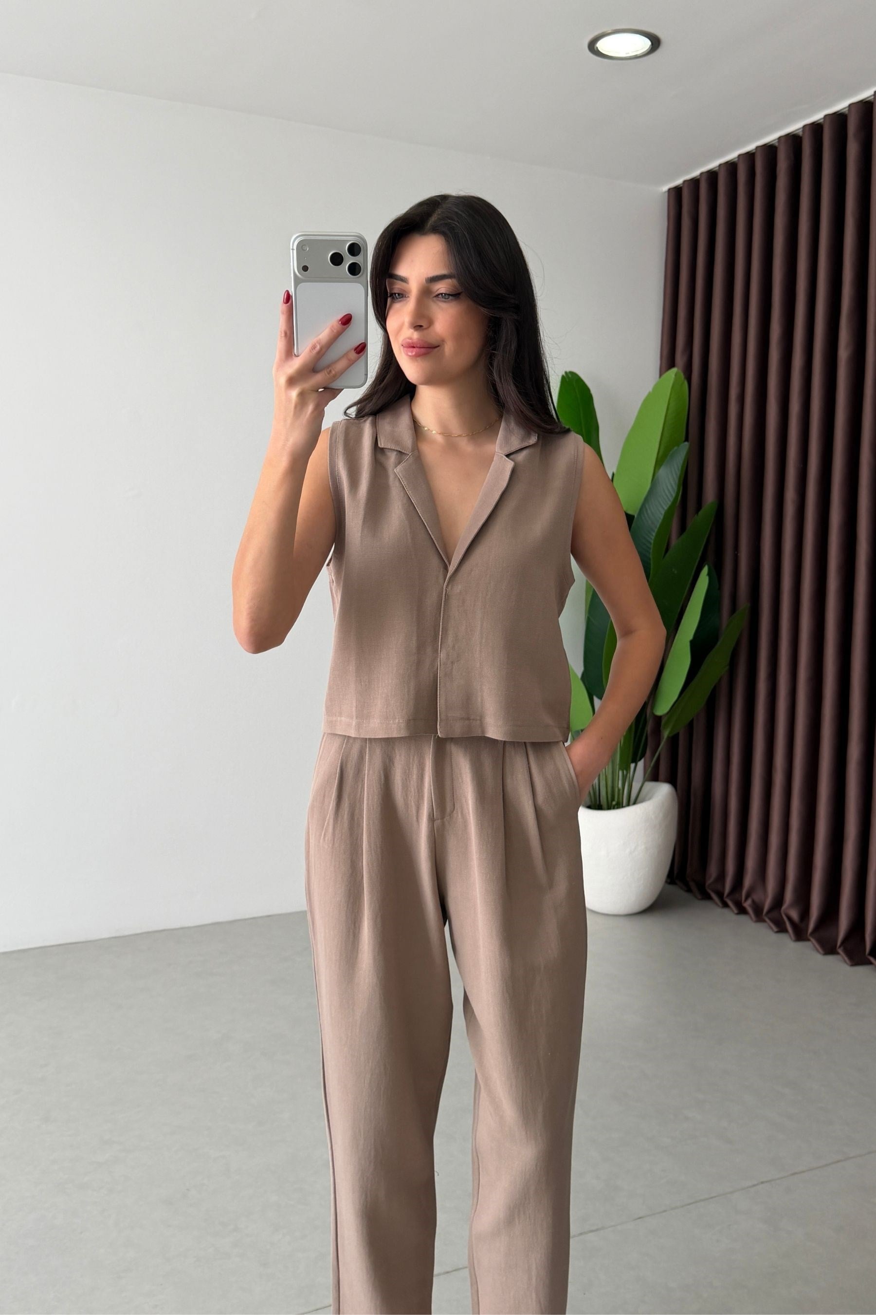 Livia Vizon Keten Yelek Pantolon Takım
