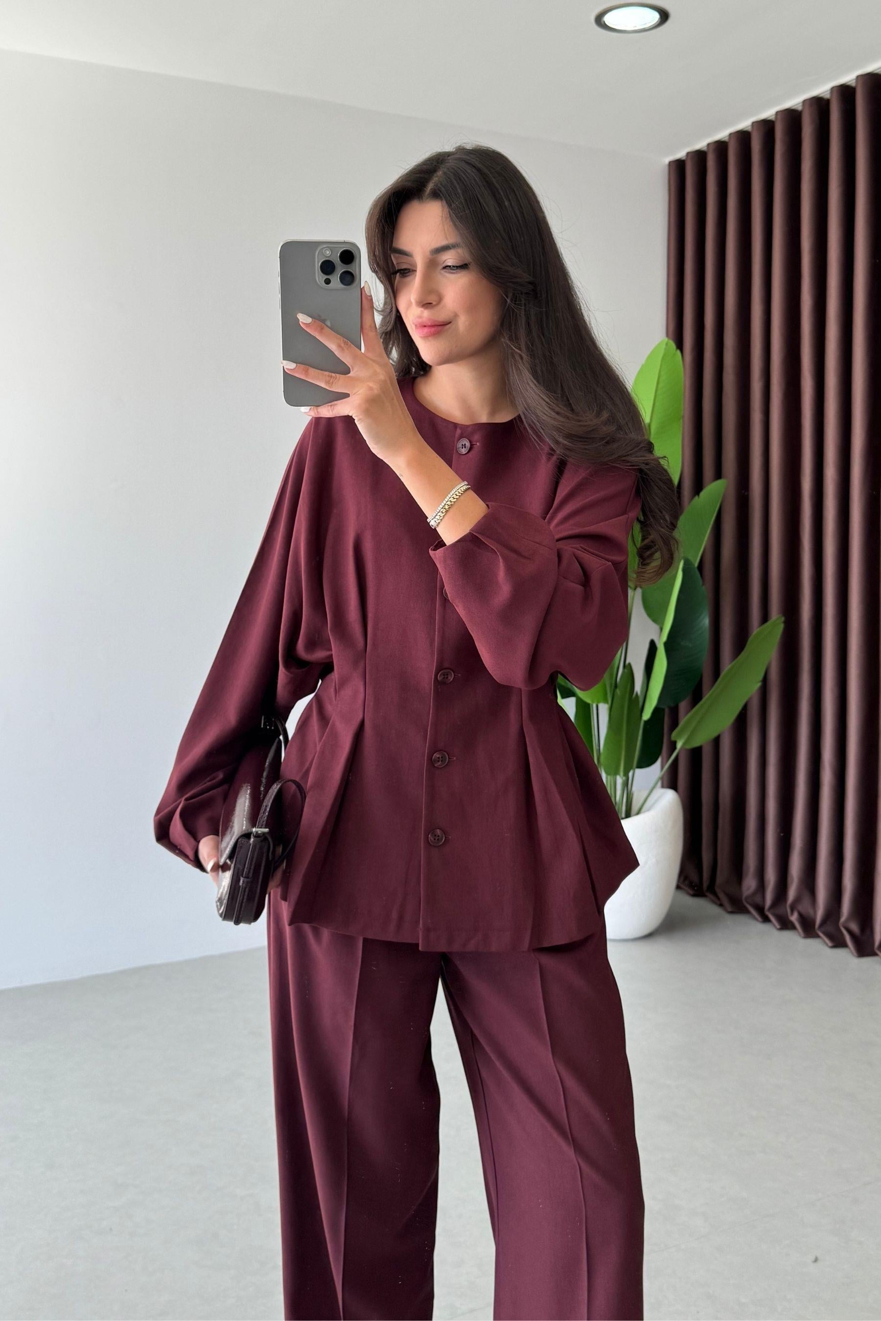 Lizzie Bordo Sırtı Lastikli Tasarım Bluz Pantolon Takım
