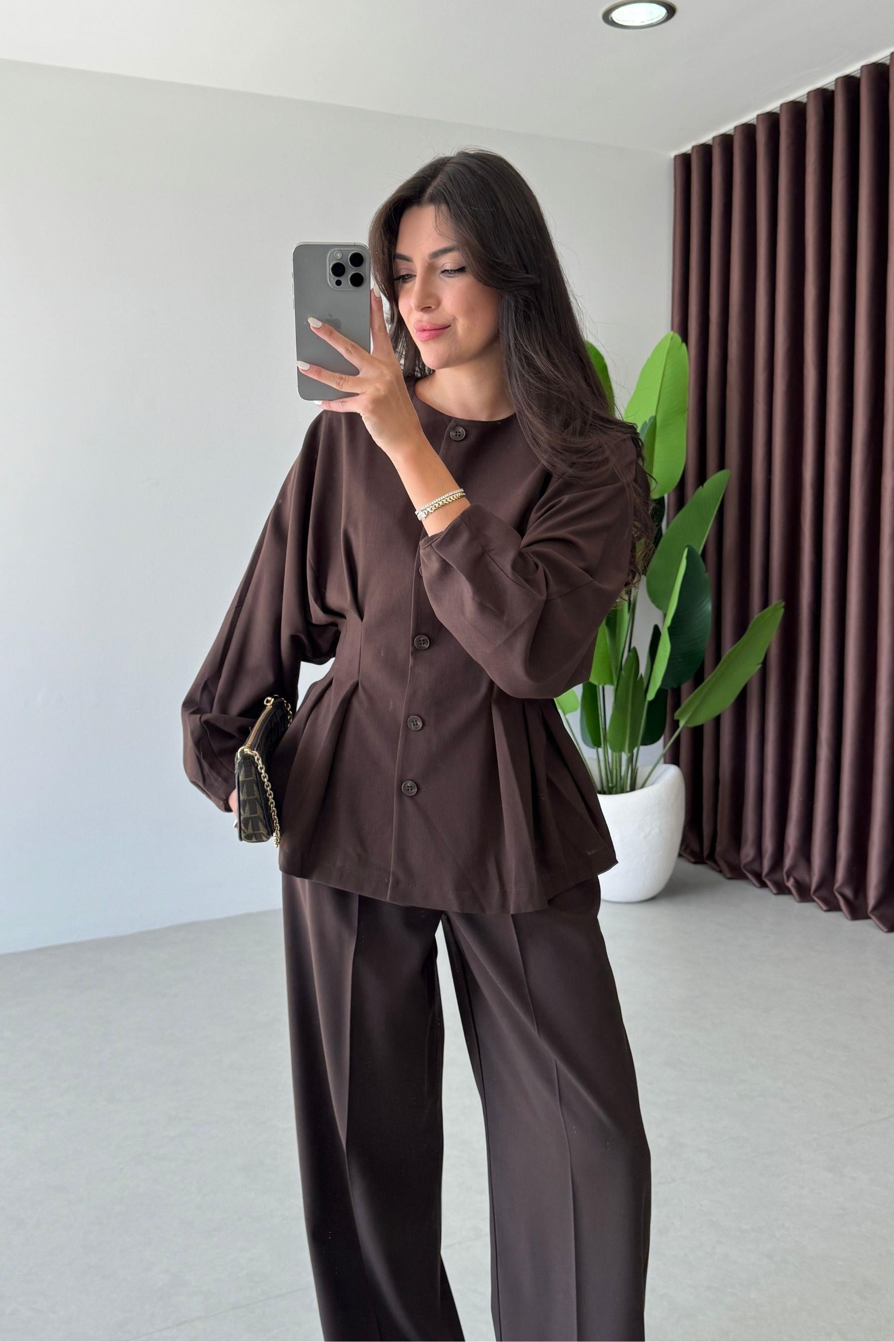 Lizzie Kahve Sırtı Lastikli Tasarım Bluz Pantolon Takım