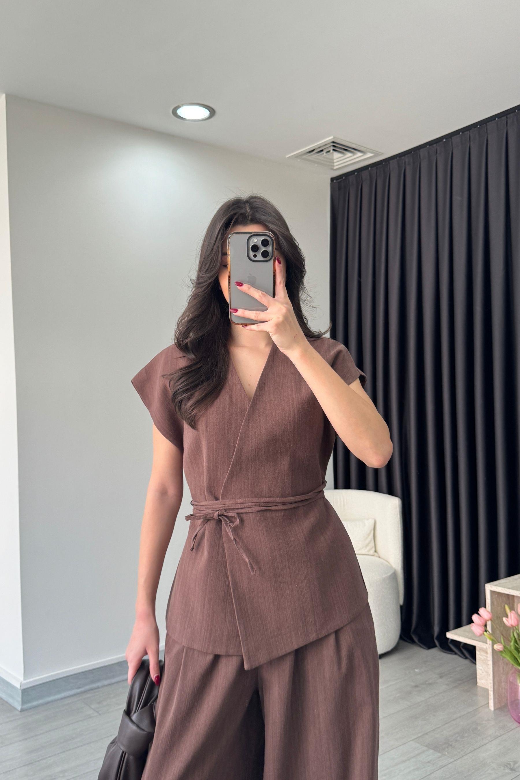 Luna Kahve Keten Yelek Pantolon Takım