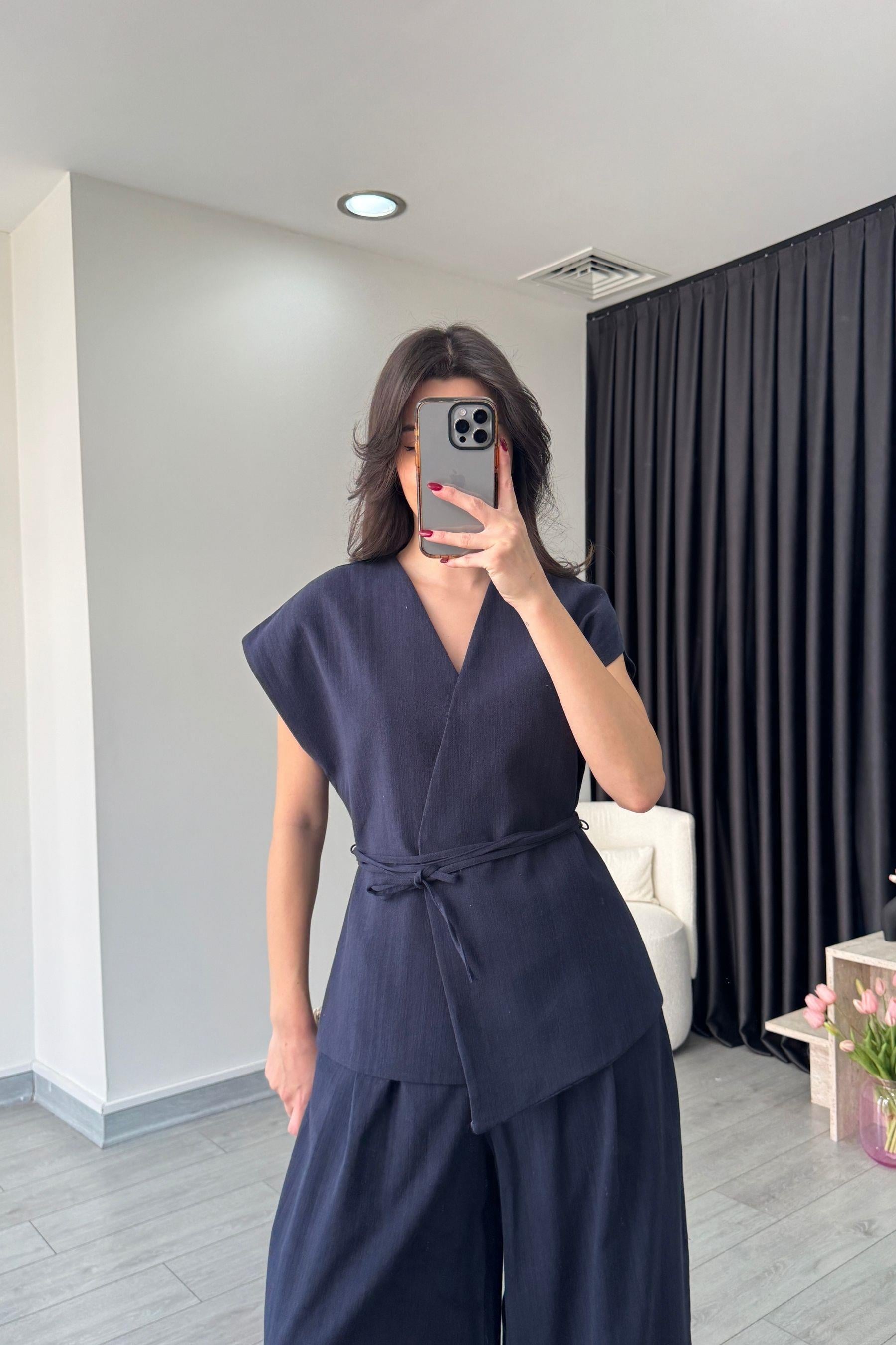 Luna Lacivert Keten Yelek Pantolon Takım
