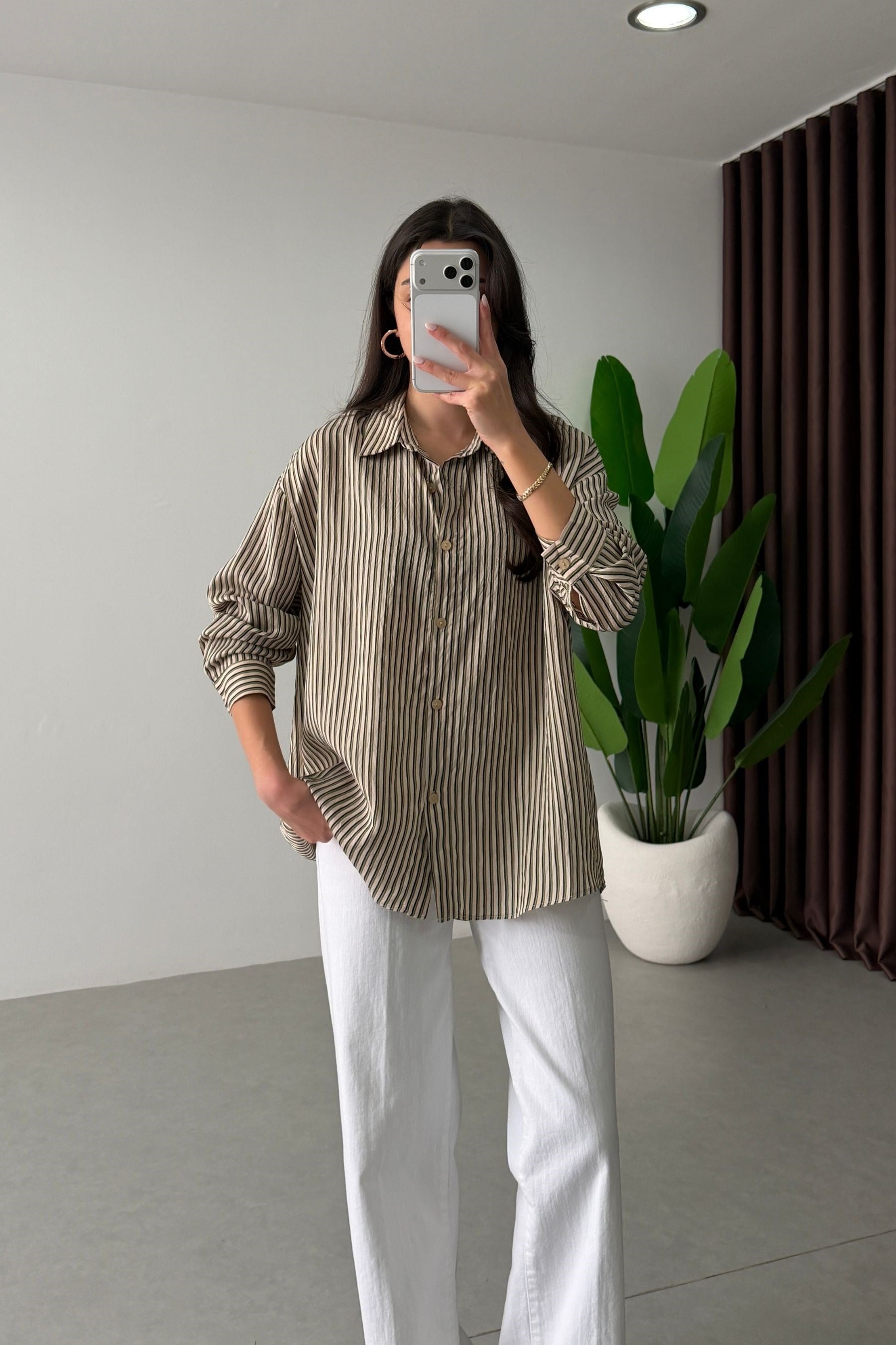 Mago Bej Oversize Çizgili Gömlek 