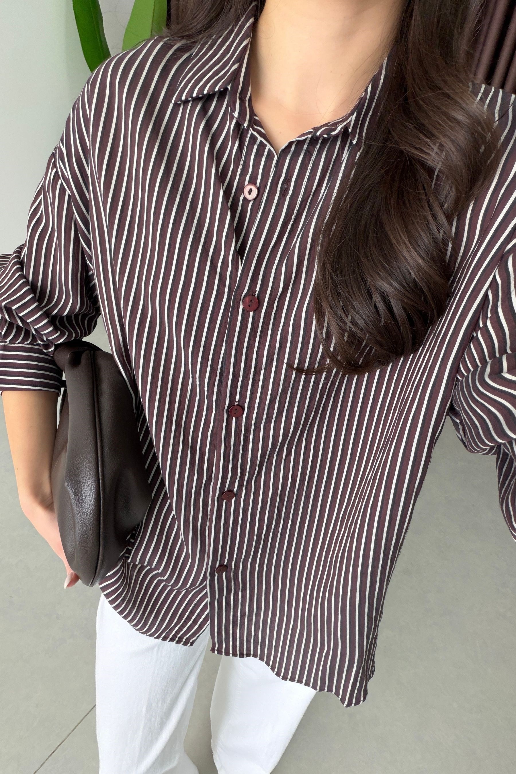Mago Bordo Oversize Çizgili Gömlek 