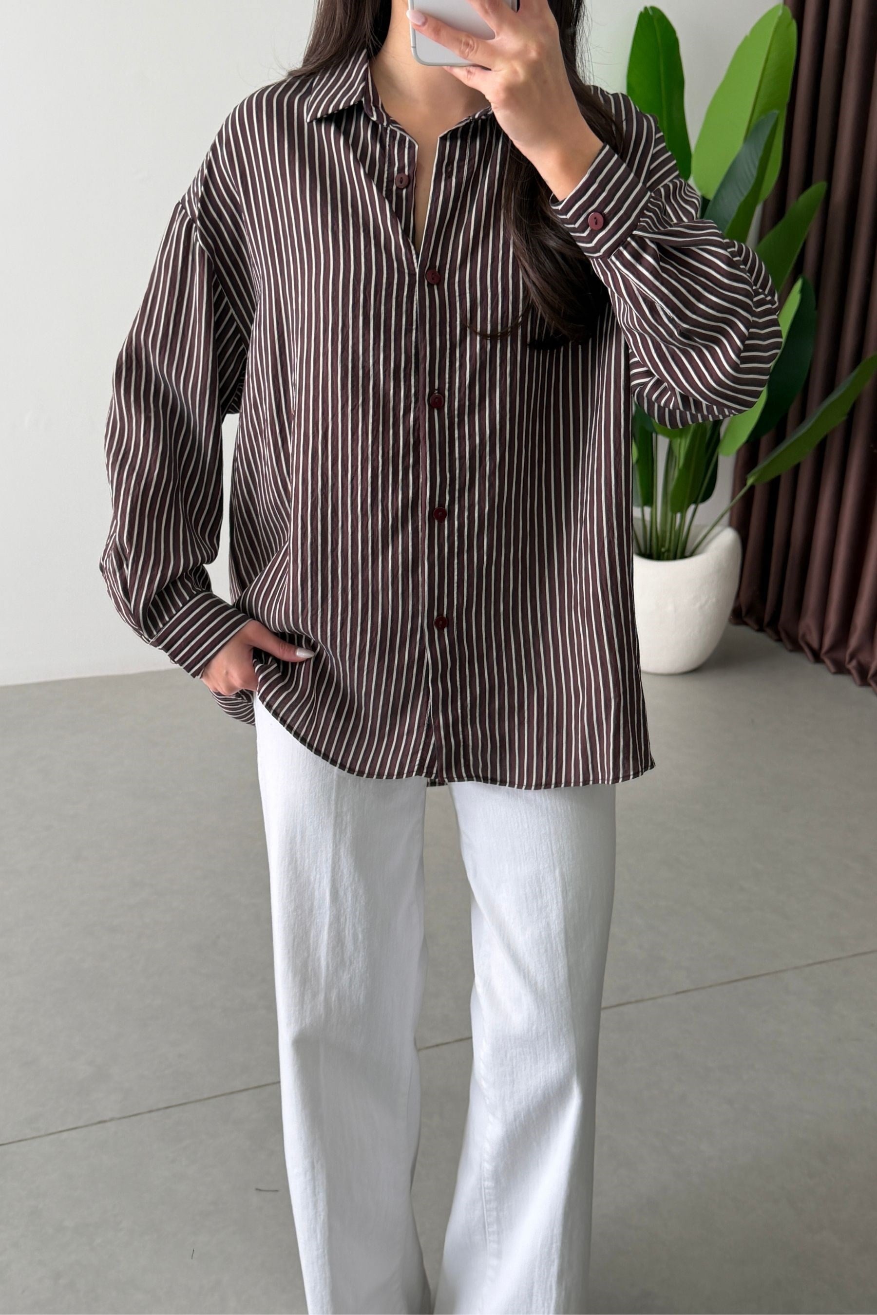 Mago Bordo Oversize Çizgili Gömlek 