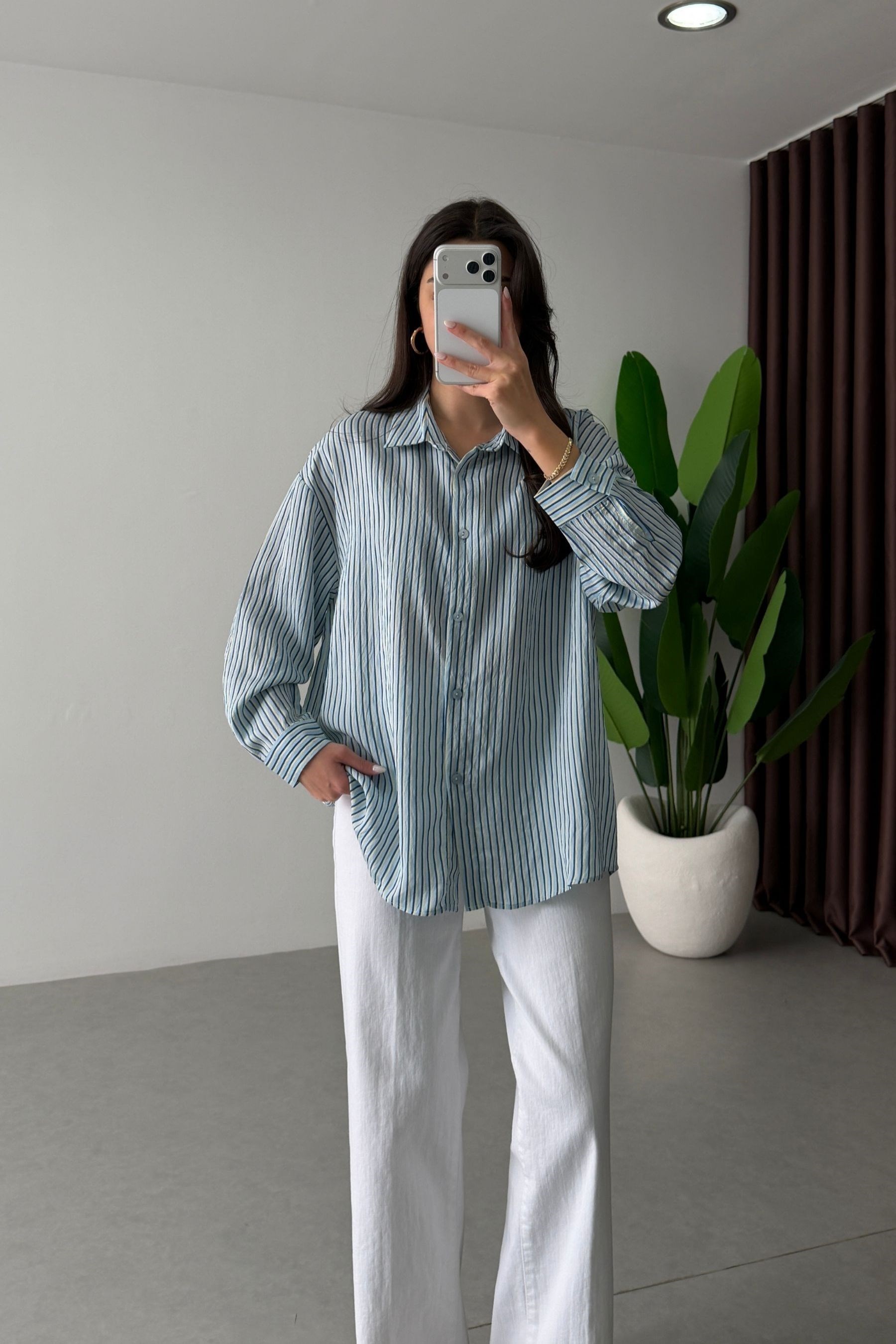 Mago Mavi Oversize Çizgili Gömlek 