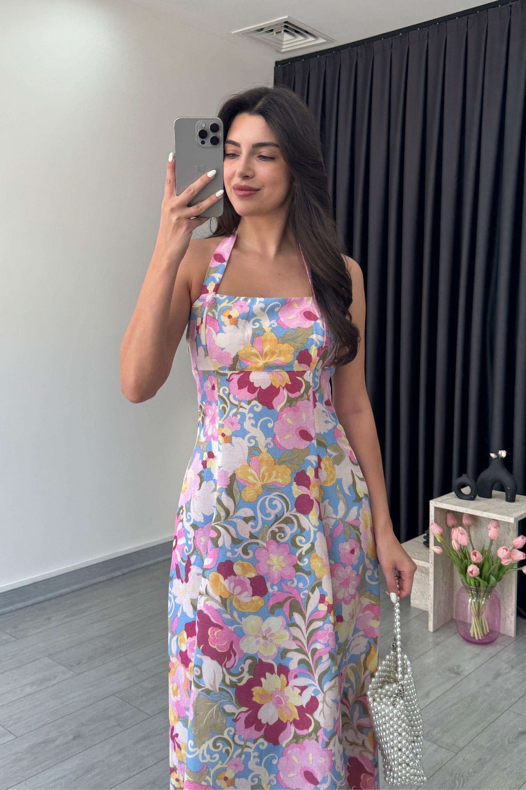 Medy Çiçek Desenli Keten Elbise
