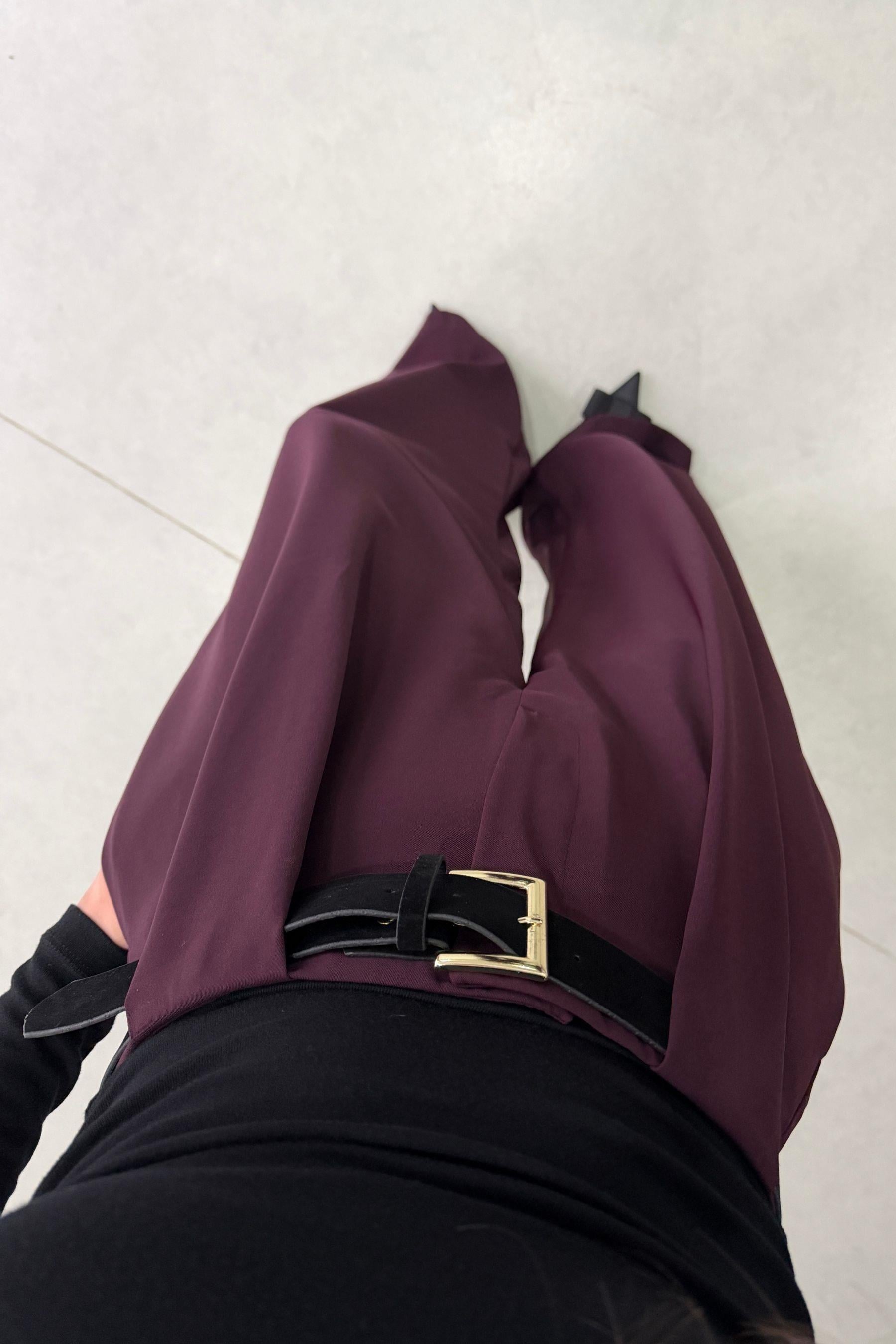 Moliv Mürdüm Kemerli Krep Kumaş Pantolon