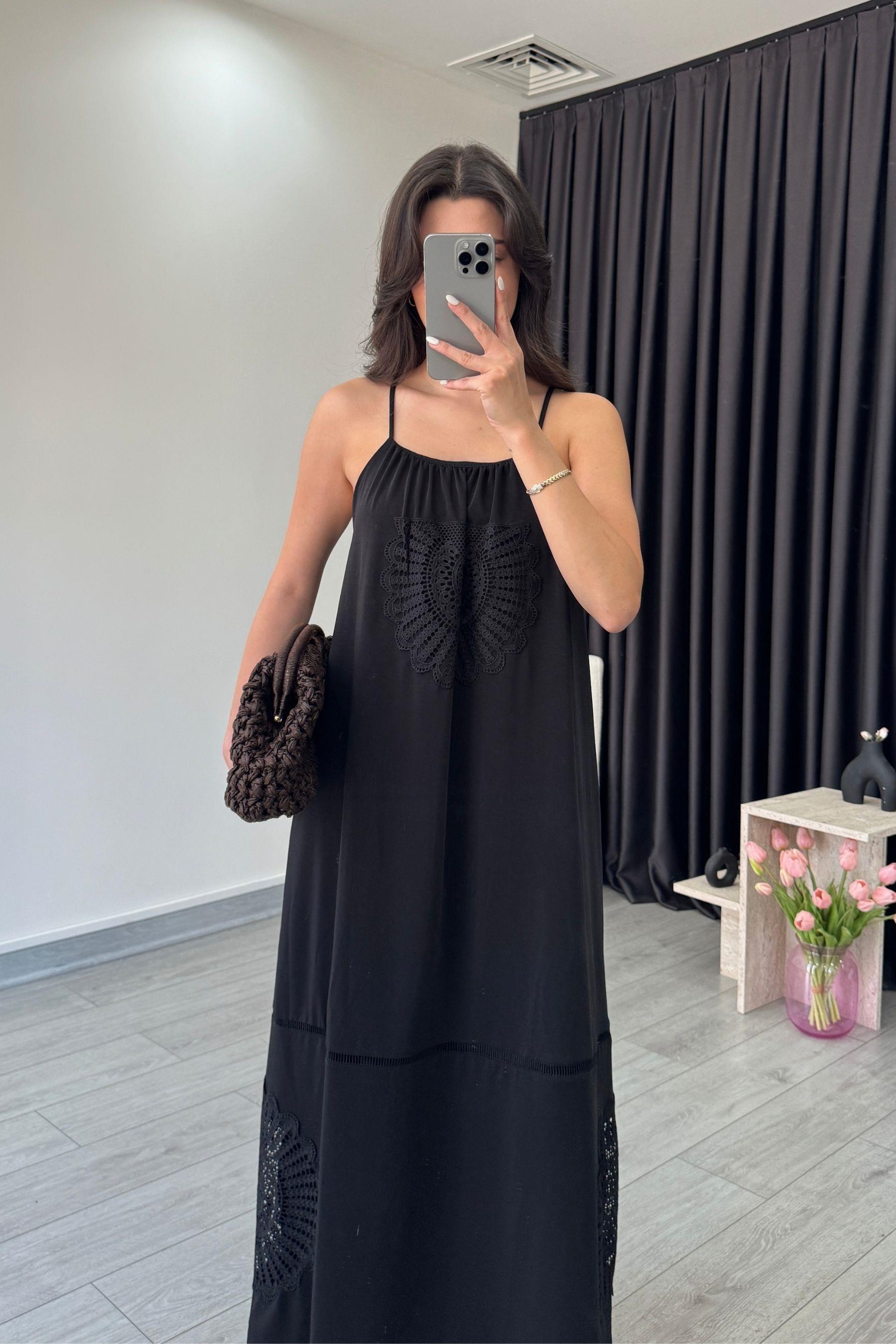 Mona Dantel İşlemeli Siyah Elbise