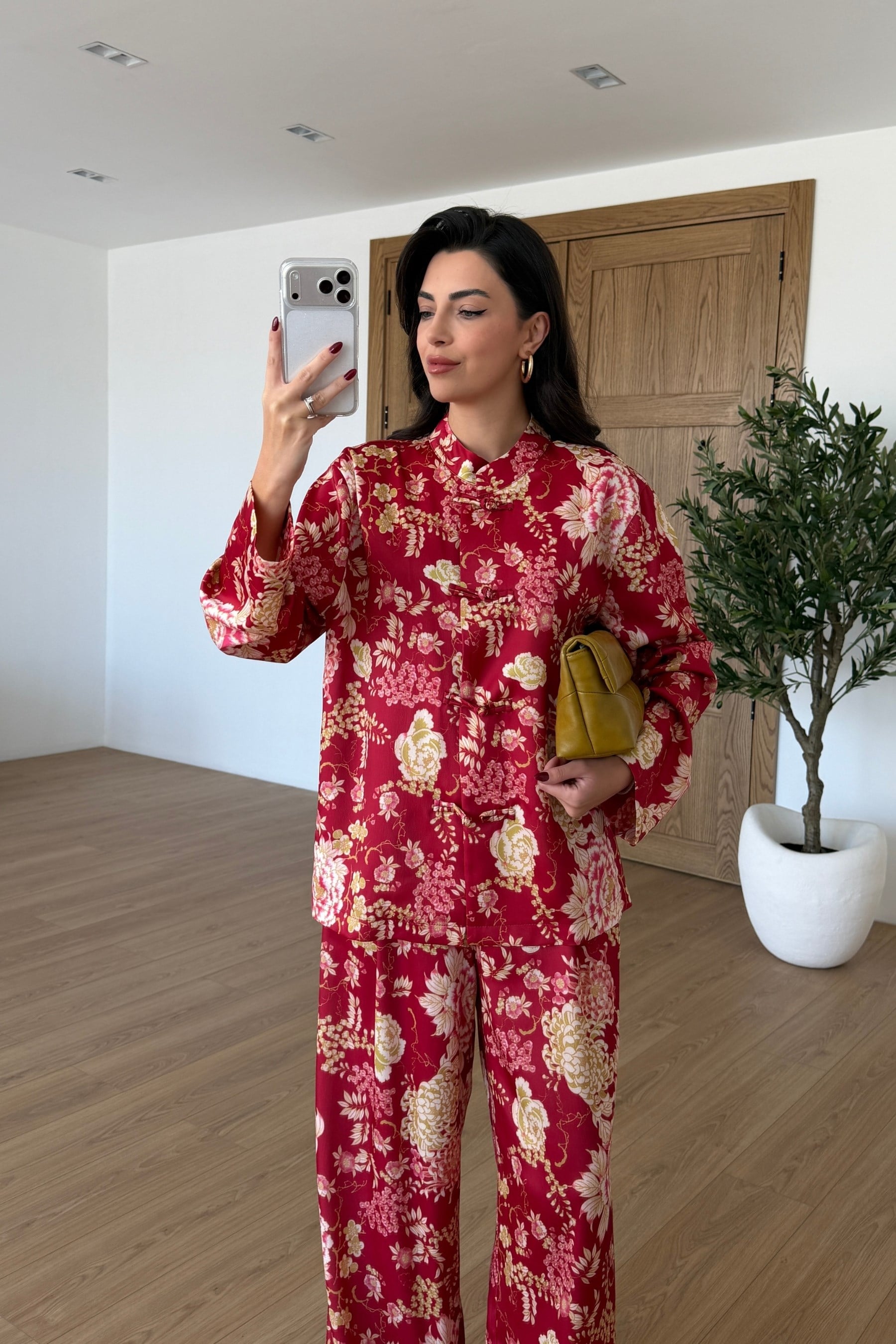 Monik Çiçek Desenli Saten Kimono Pantolon Takım