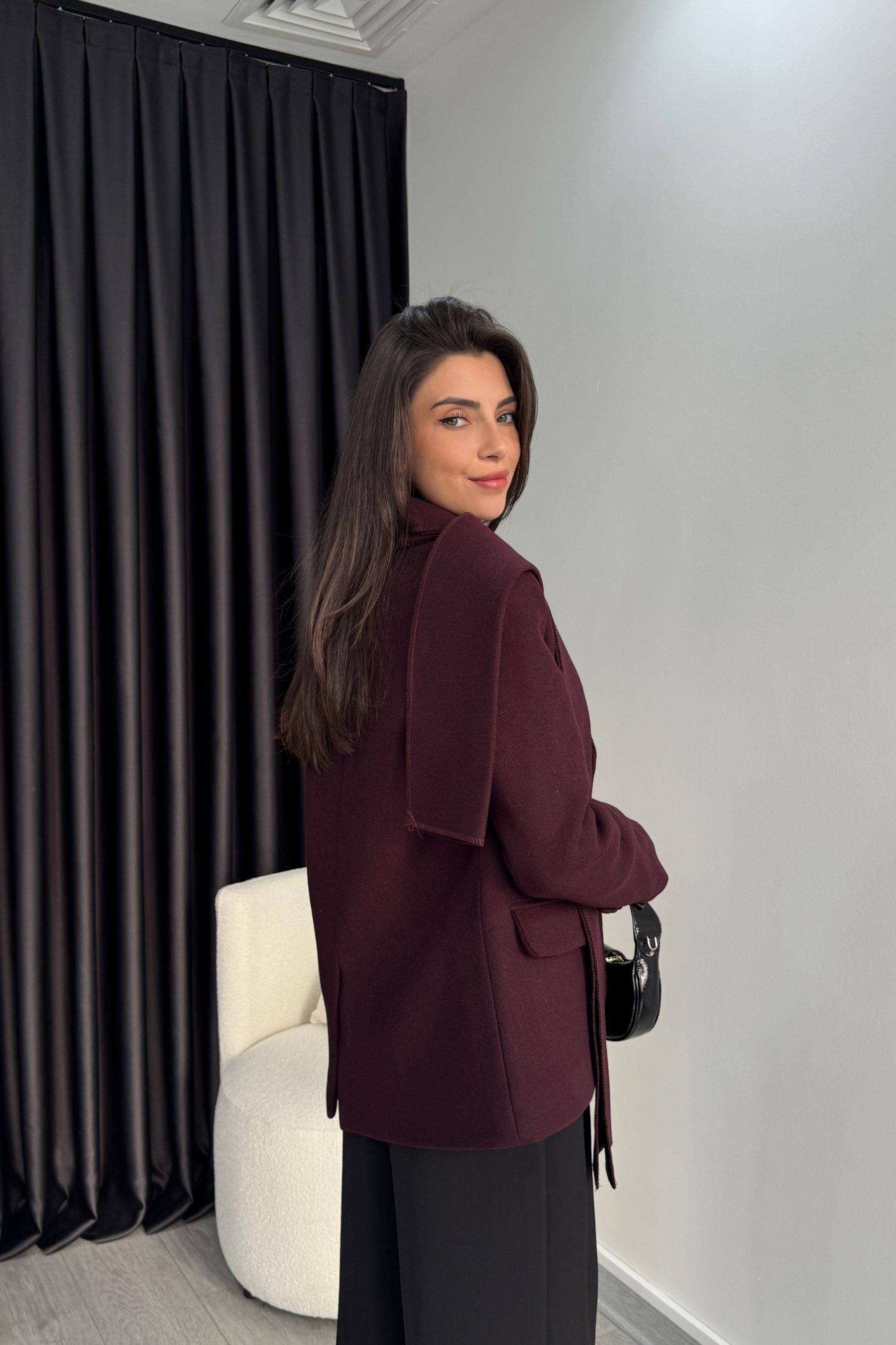 Mürdüm Atkılı Kaşe Blazer Ceket
