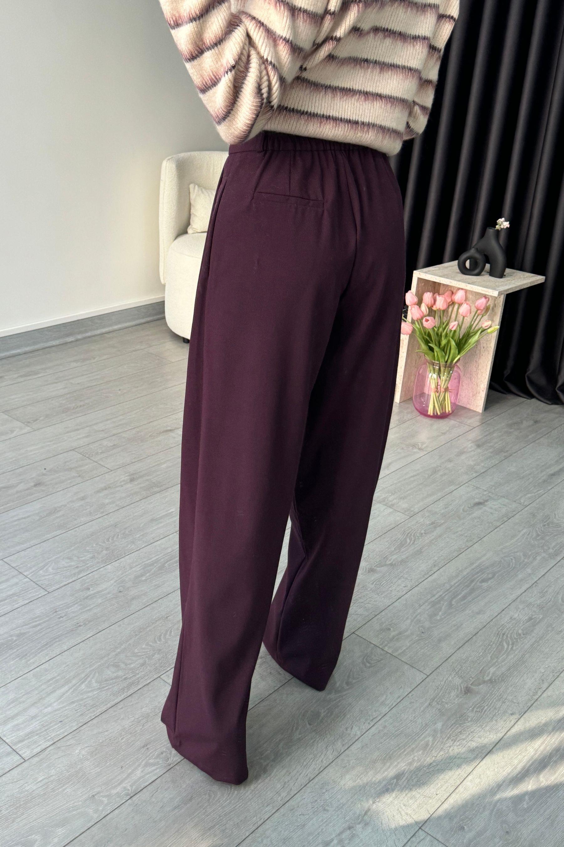 Mürdüm Beli Lastikli Palazzo Pantolon