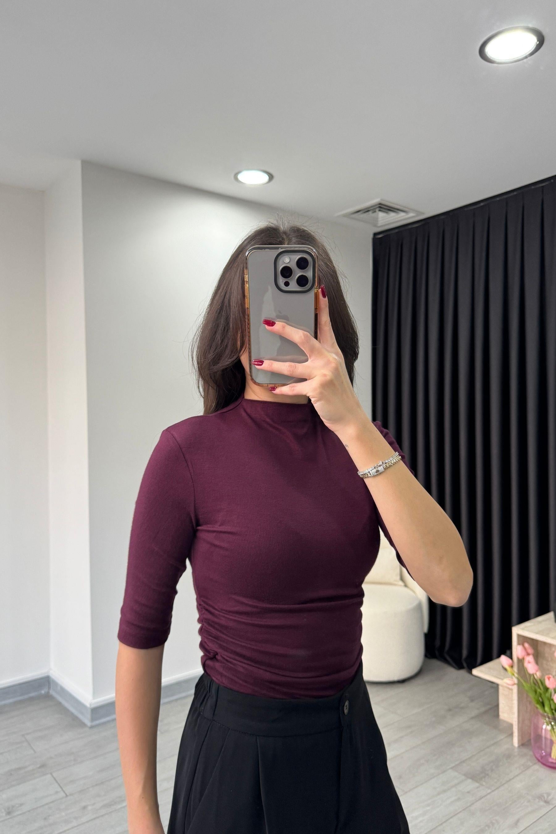 Mürdüm Drapeli Kısa Kollu Body