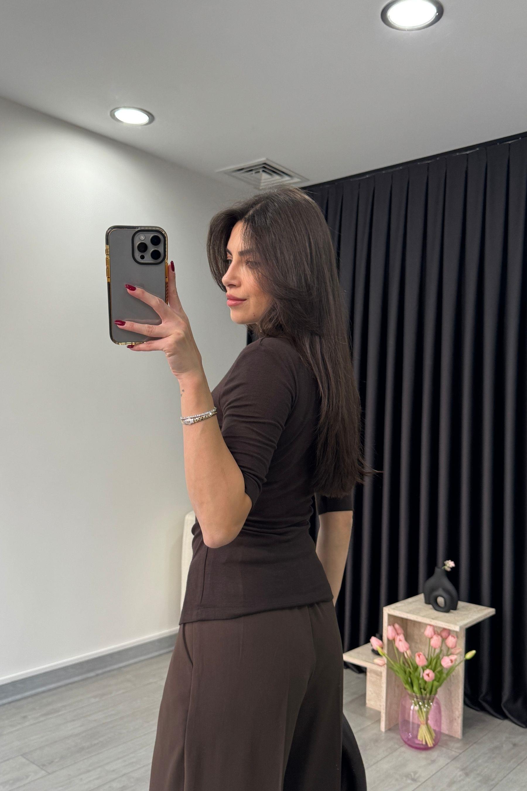 Acı Kahve Drapeli Kısa Kollu Body