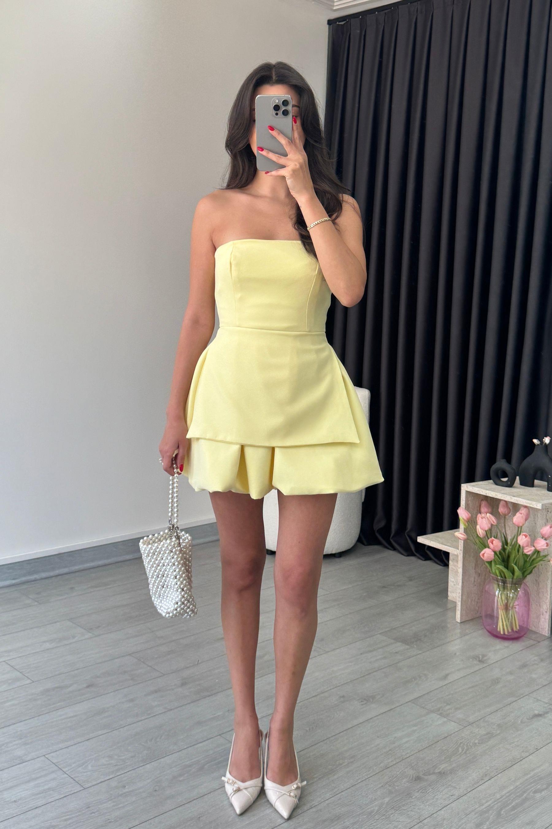 Myra Sarı Balon Kesim Straplez Elbise