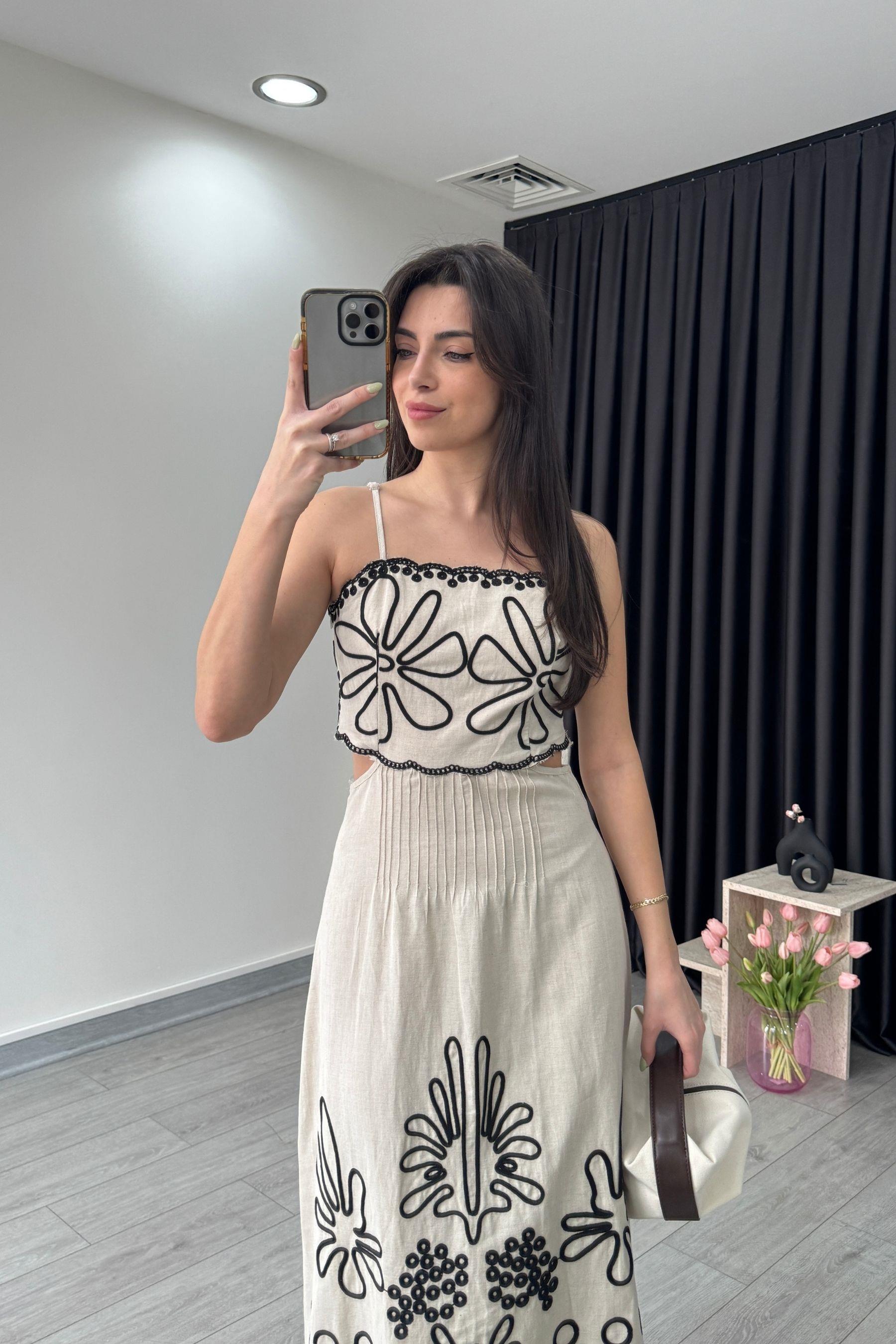 Nakış Detaylı Keten Elbise
