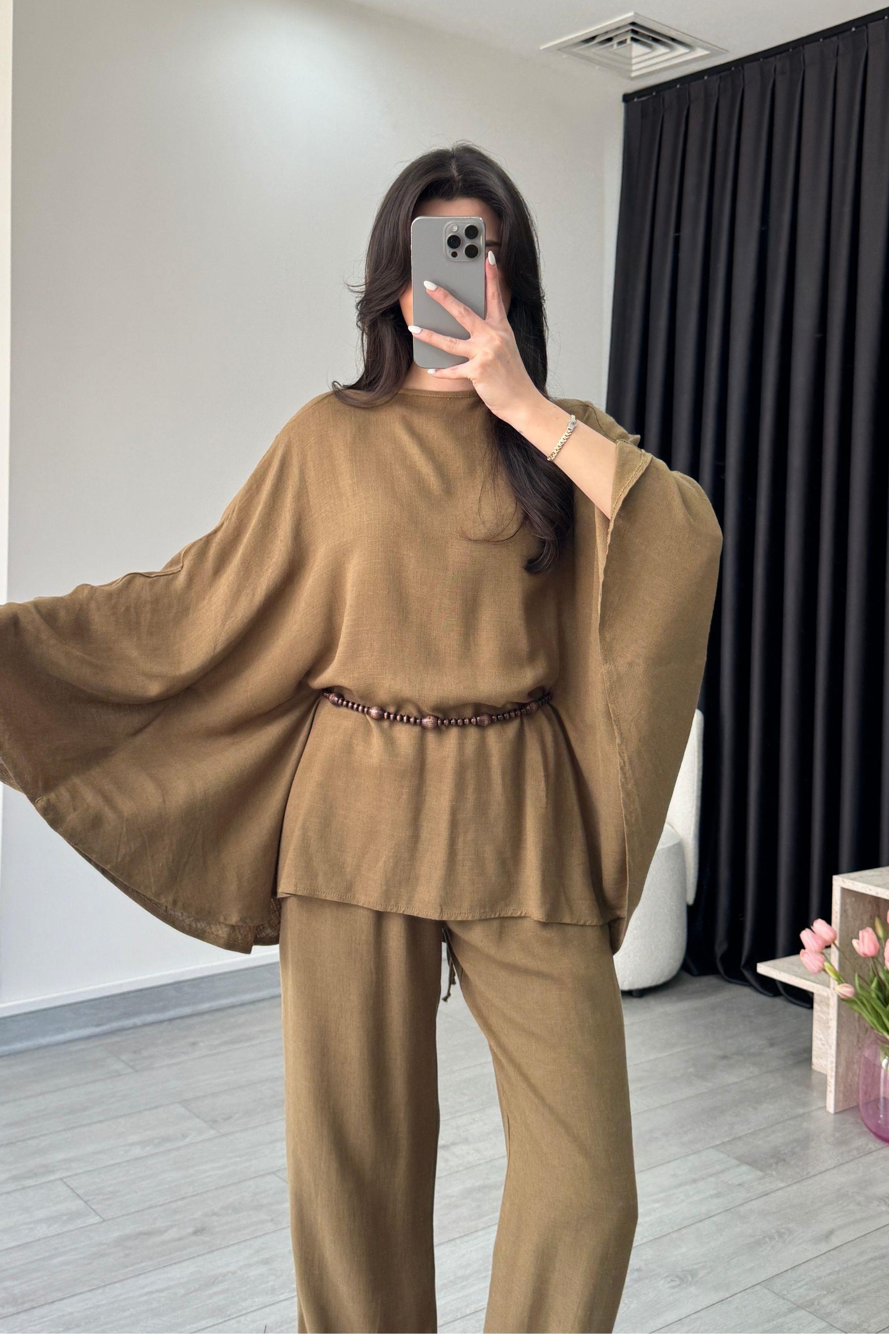 Nancy Boncuk Kemerli Haki Pelerin Takım
