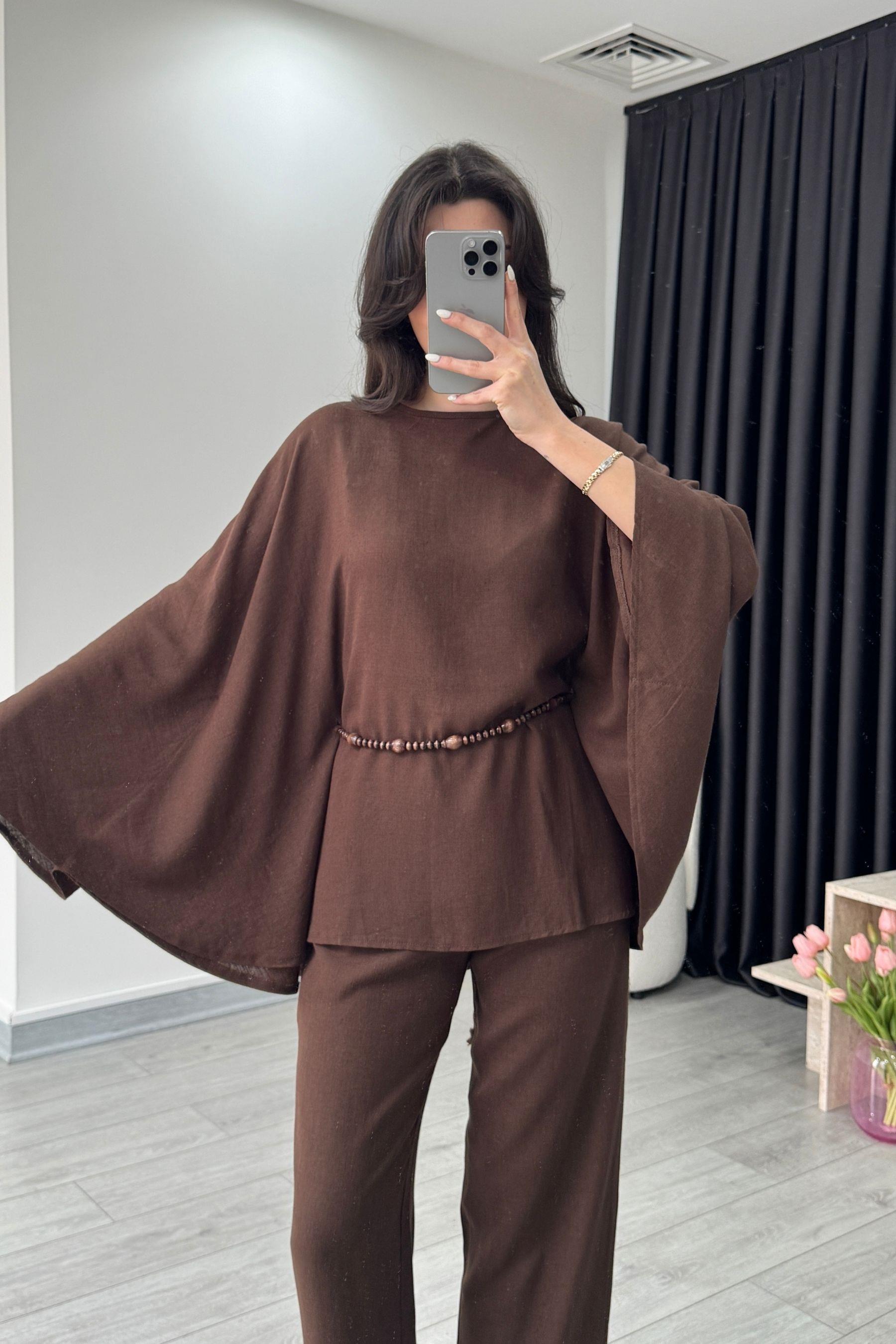 Nancy Boncuk Kemerli Kahve Pelerin Takım