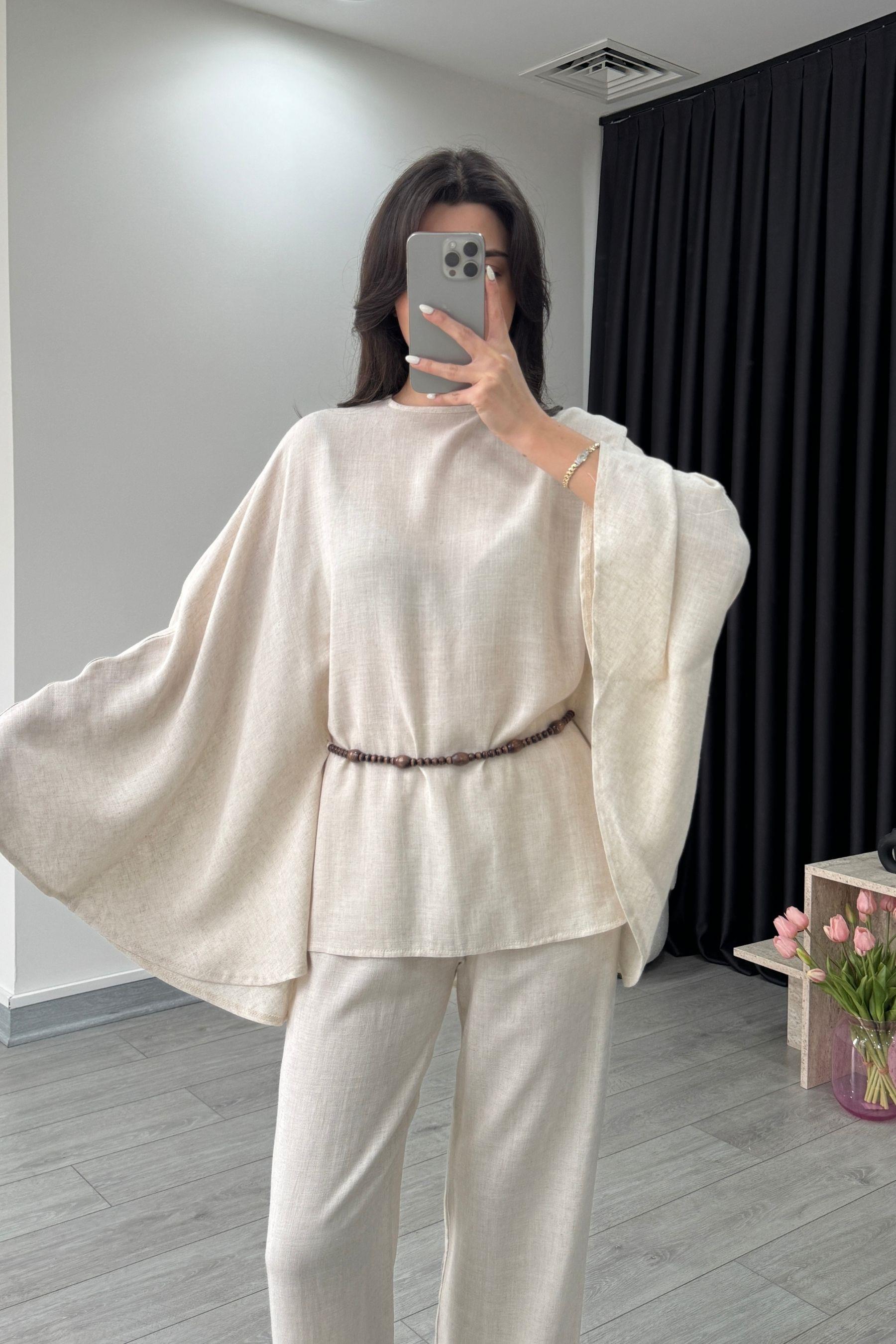 Nancy Boncuk Kemerli Natural Pelerin Takım