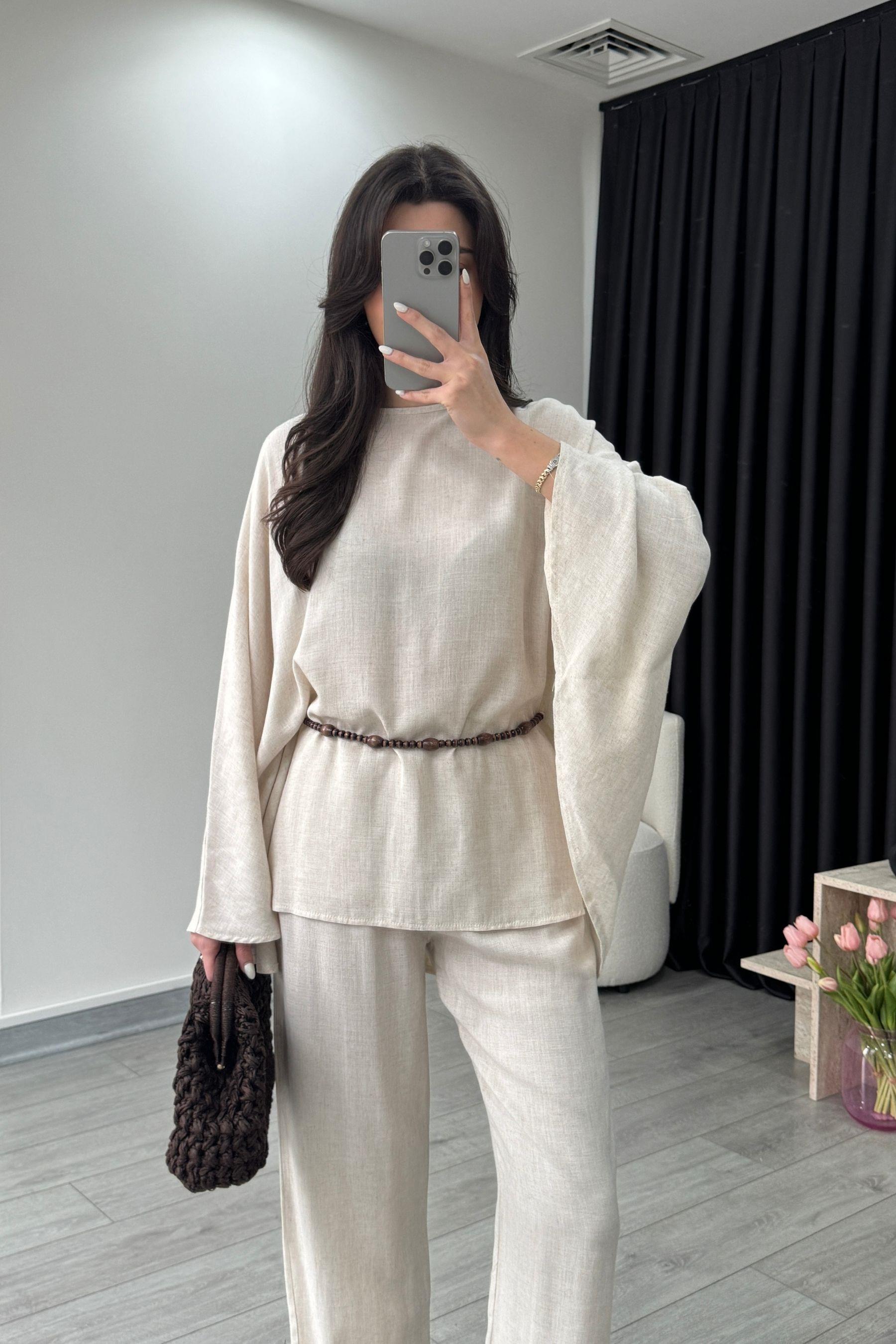 Nancy Boncuk Kemerli Natural Pelerin Takım