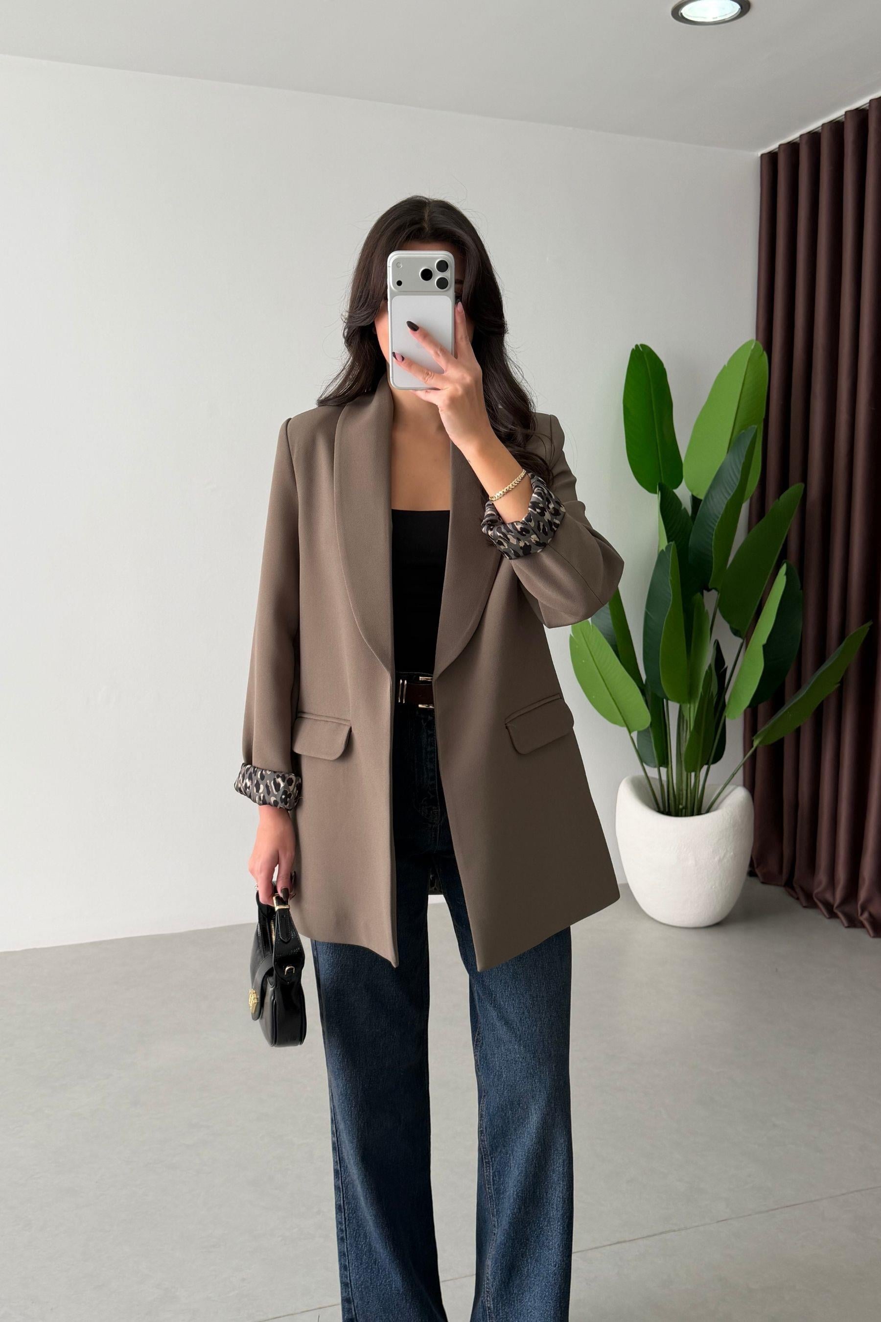 Naomi Haki Leopar Astarlı Blazer
