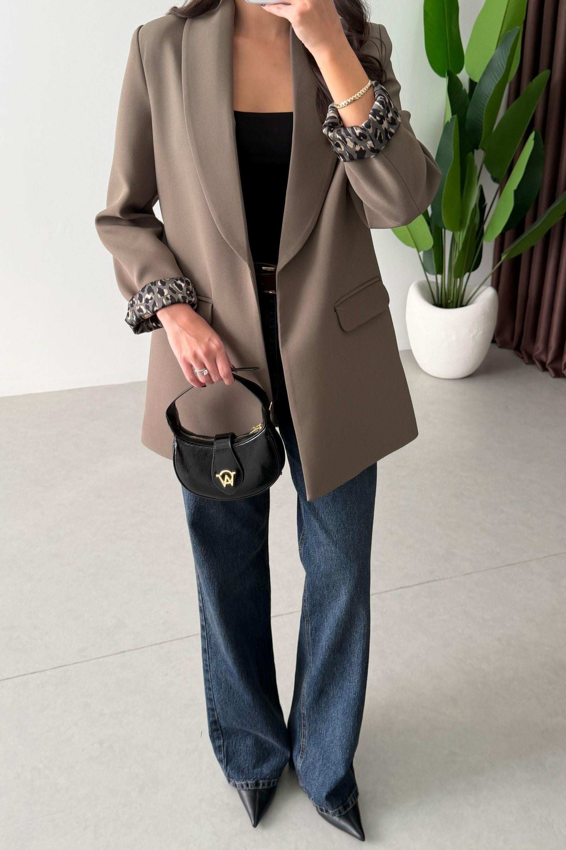 Naomi Haki Leopar Astarlı Blazer