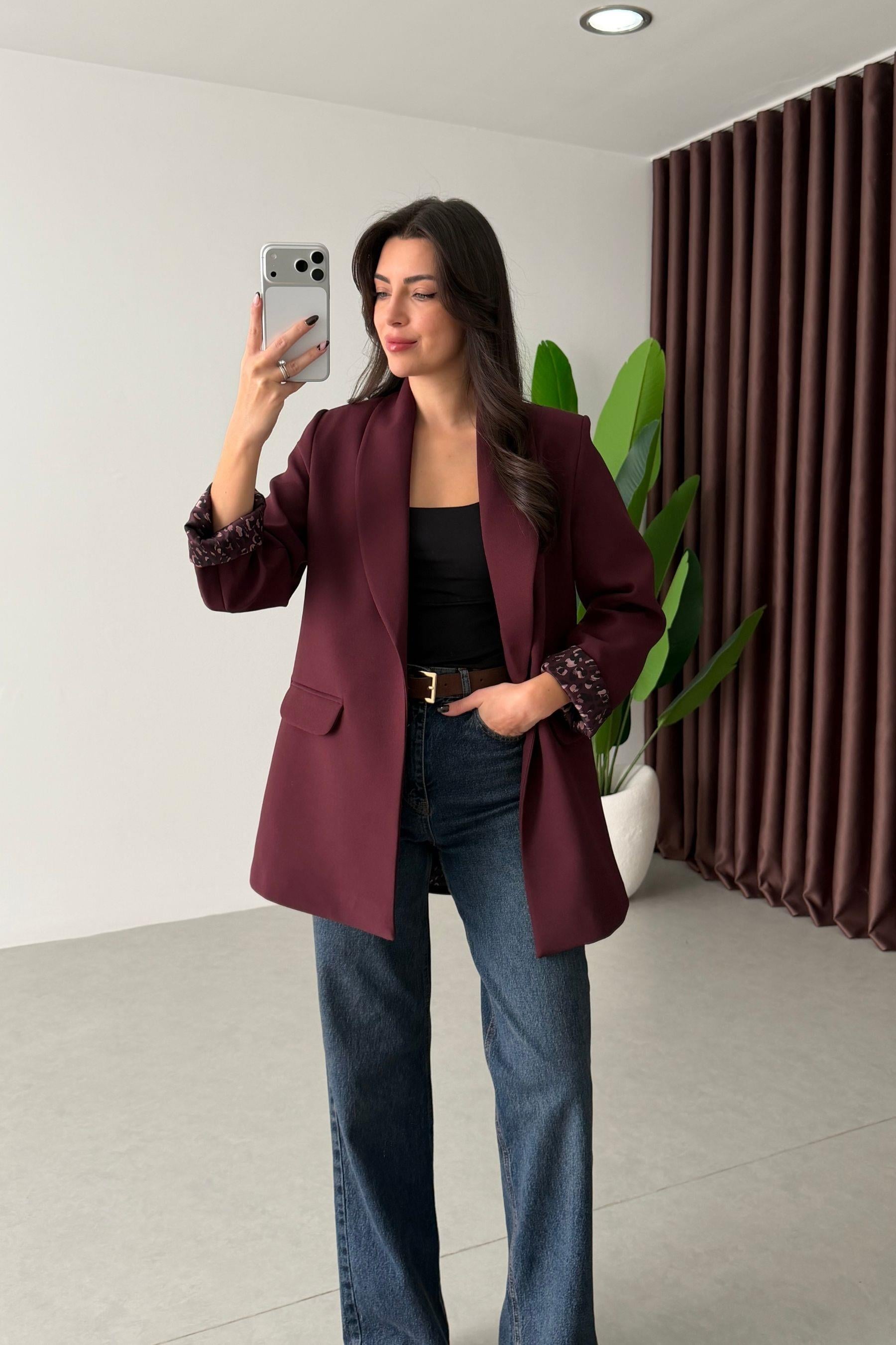 Naomi Mürdüm Leopar Astarlı Blazer