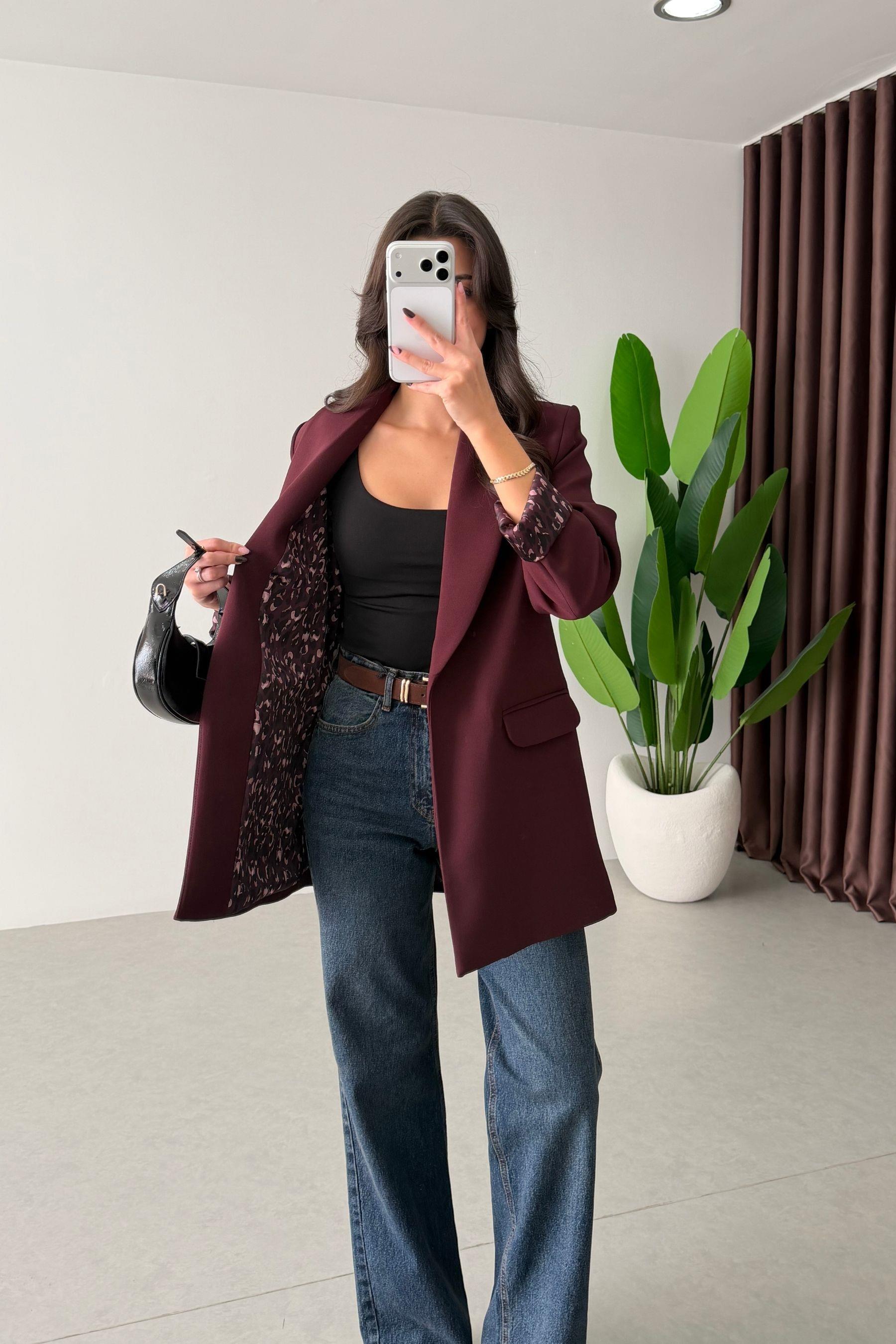Naomi Mürdüm Leopar Astarlı Blazer