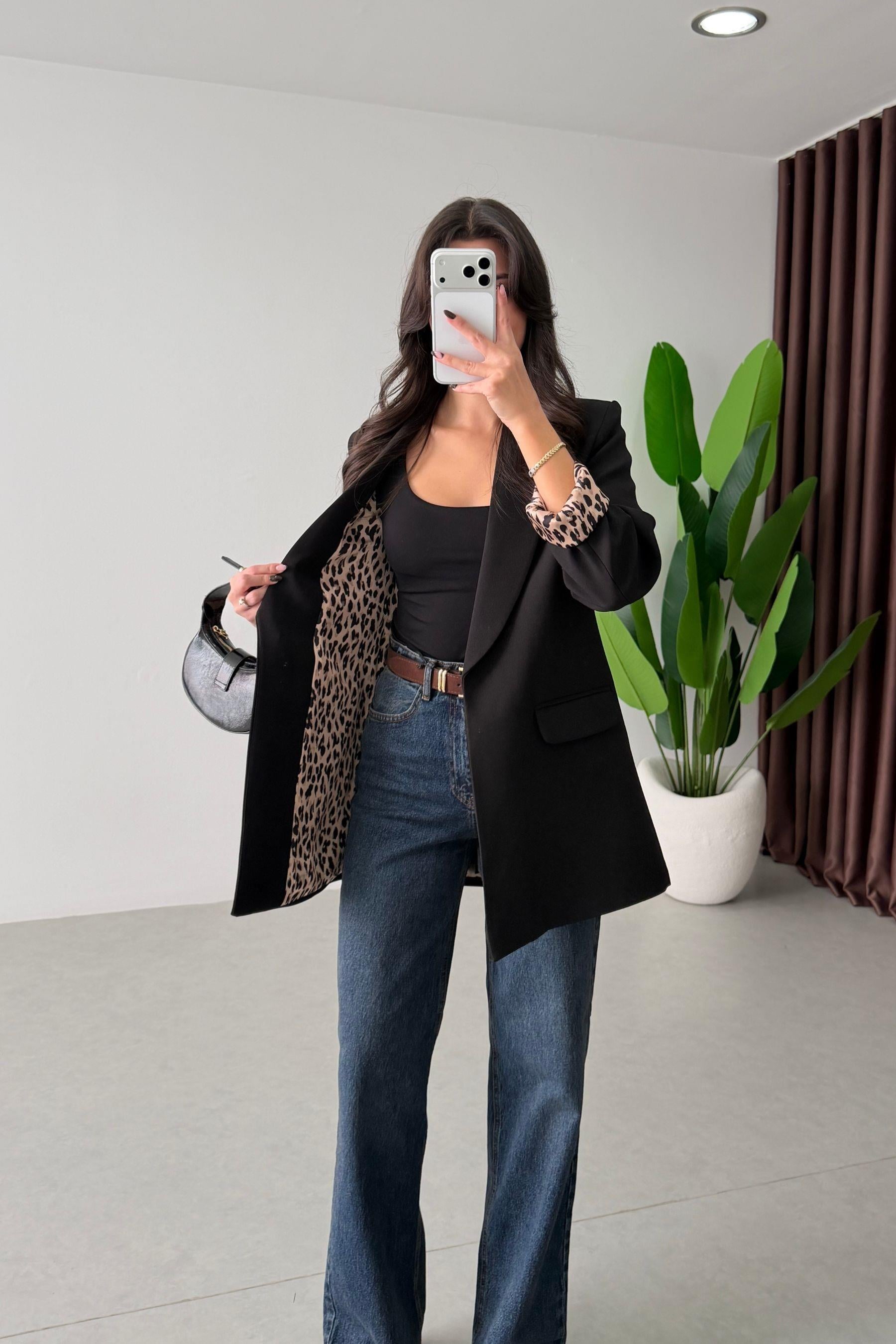 Naomi Siyah Leopar Astarlı Blazer