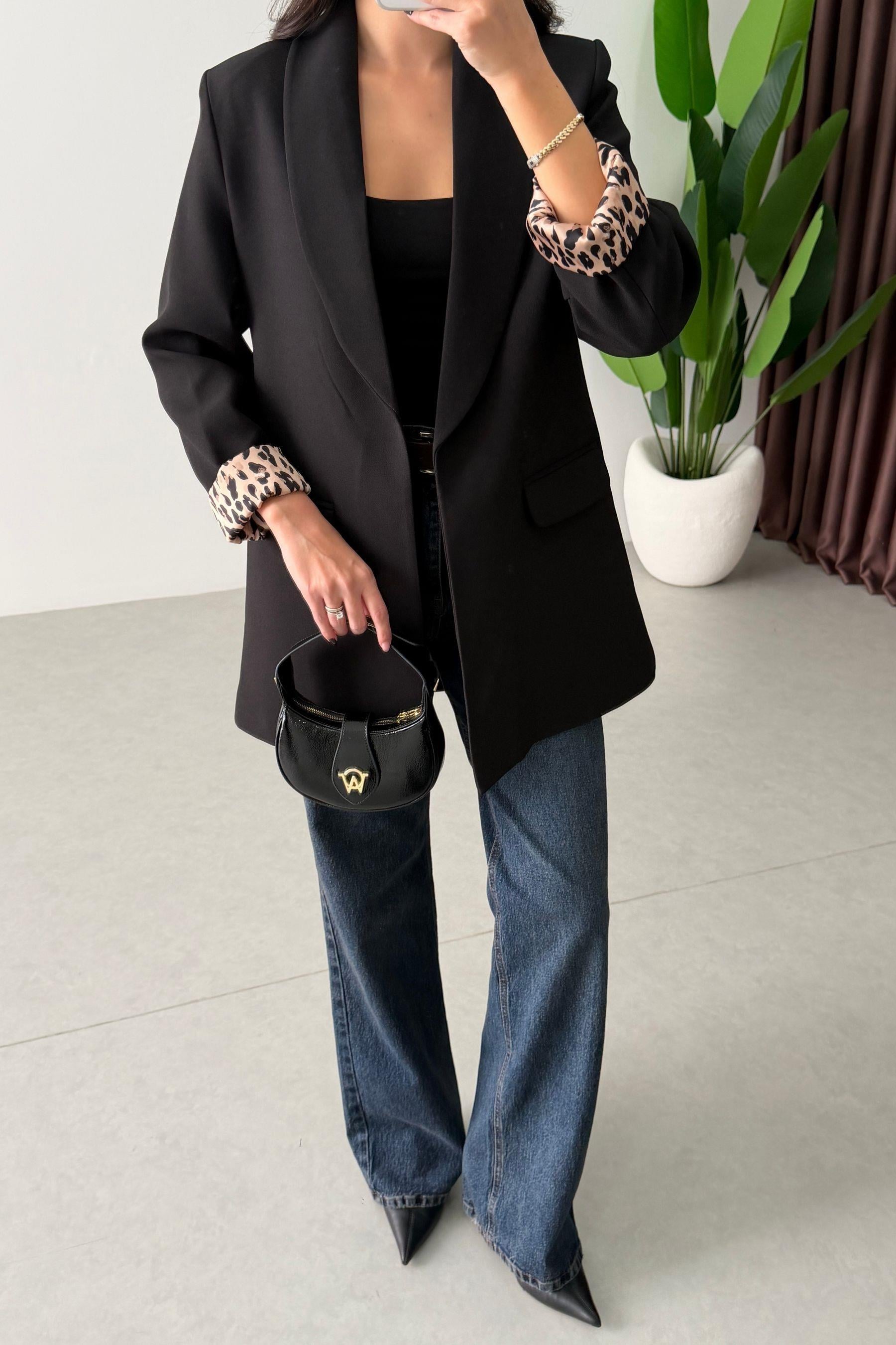 Naomi Siyah Leopar Astarlı Blazer