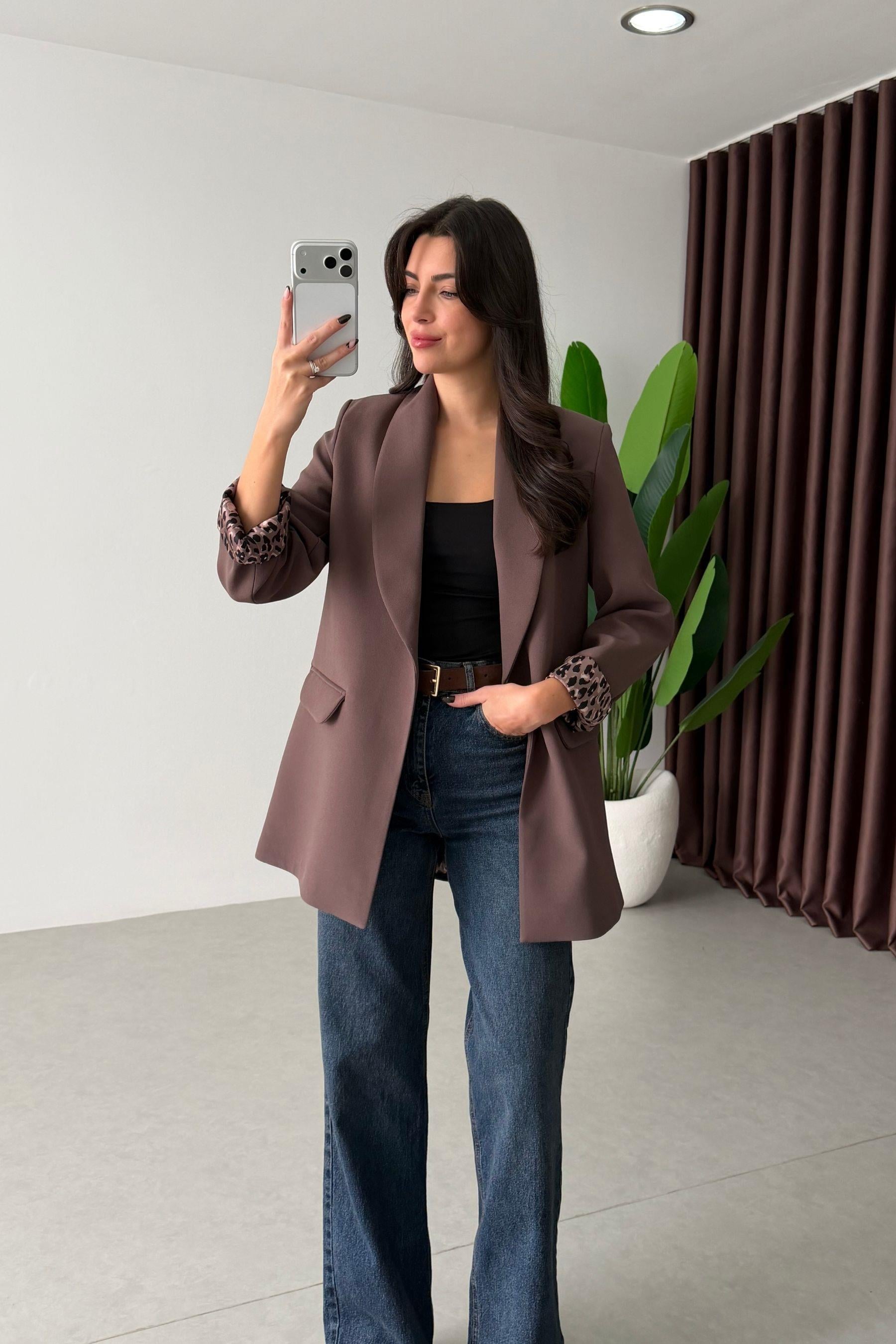Naomi Sütlü Kahve Leopar Astarlı Blazer