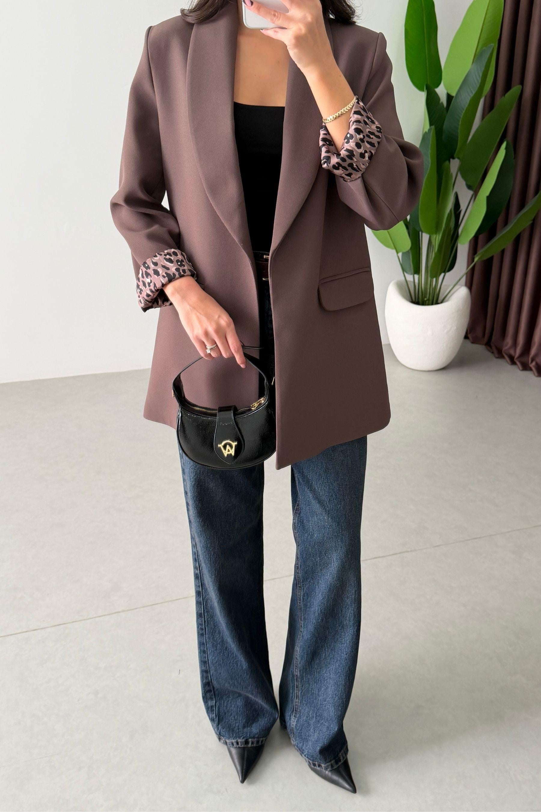Naomi Sütlü Kahve Leopar Astarlı Blazer