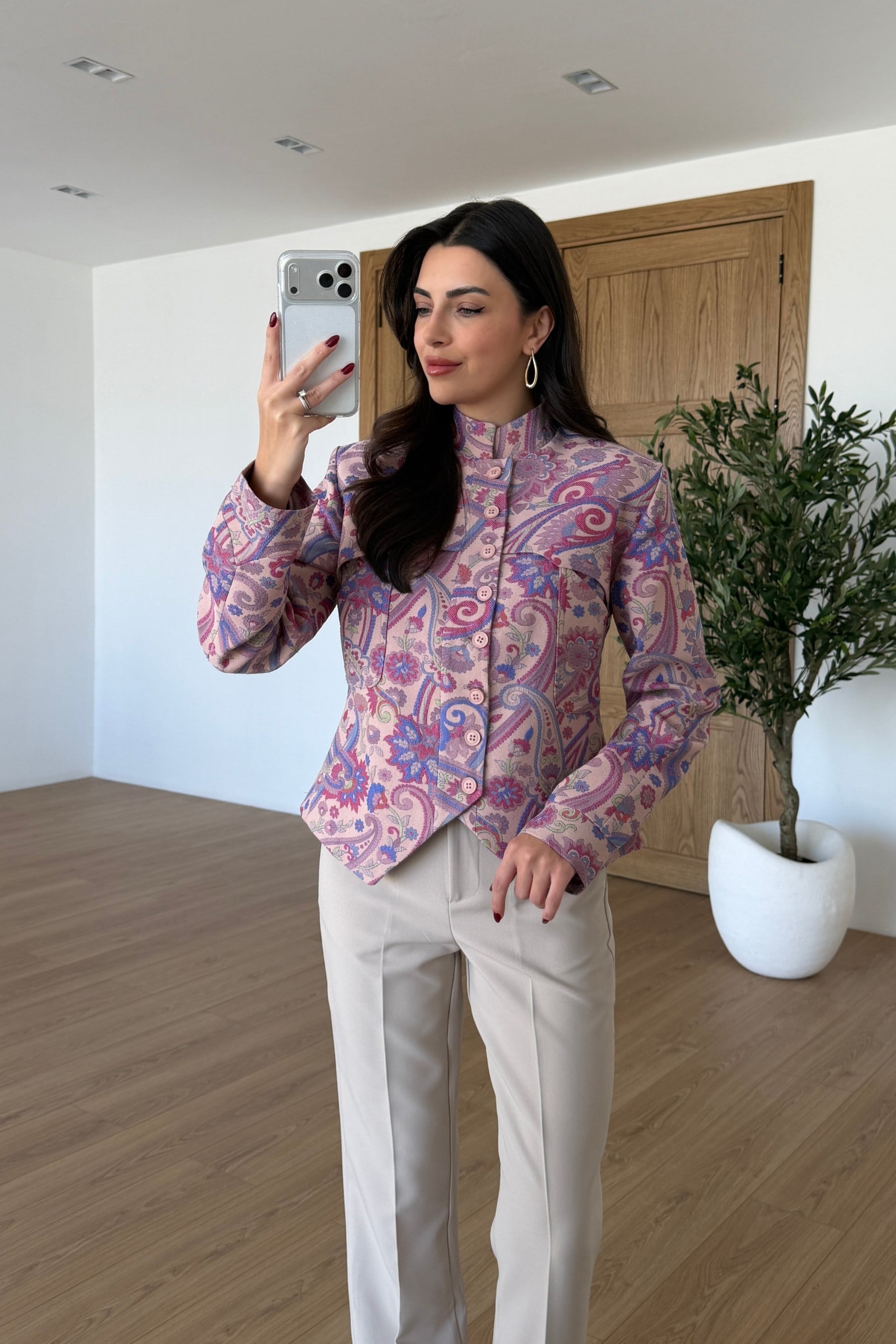 Narcy Pembe Etnik Desen Tasarım Ceket