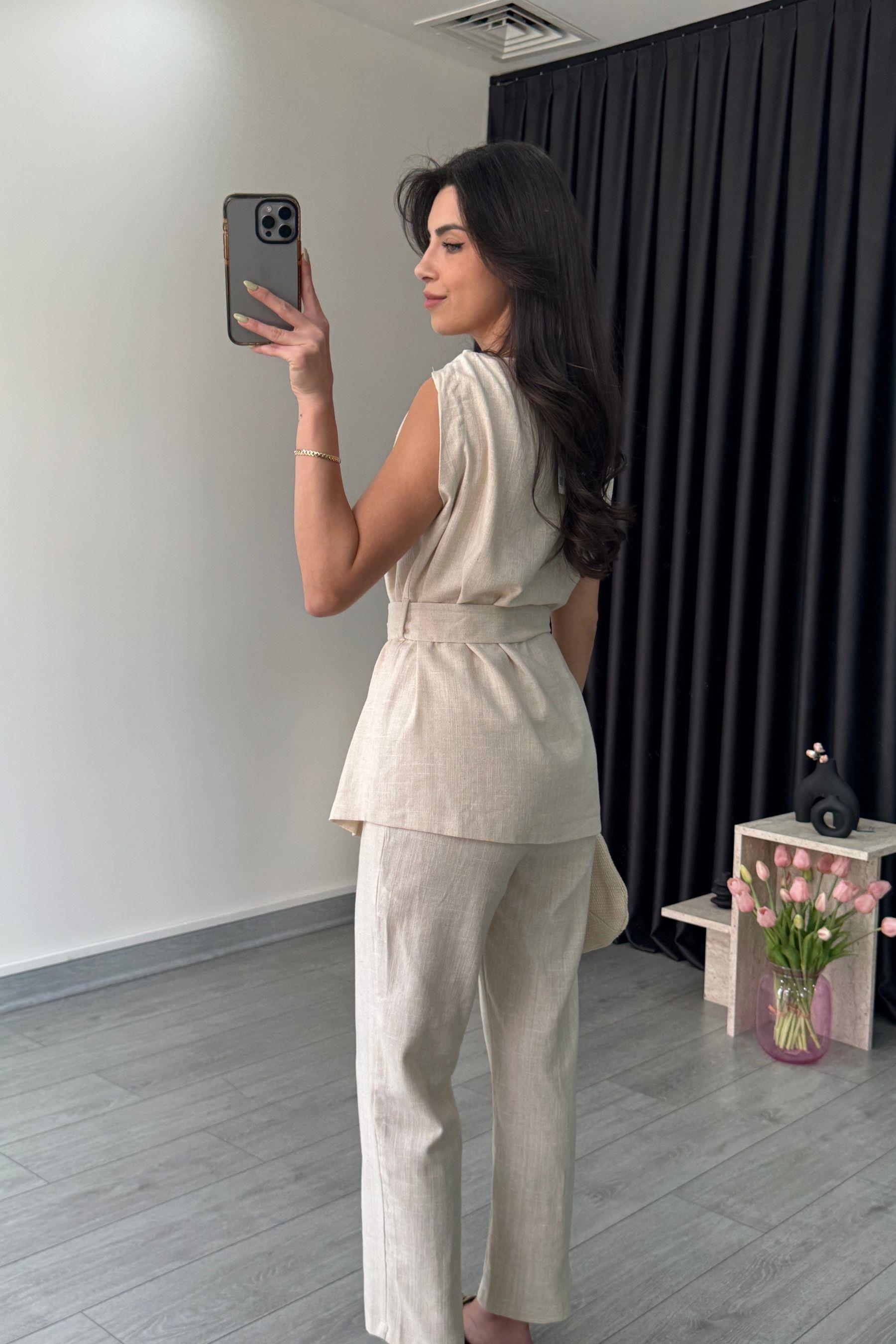 Natural Omzu Burgulu Keten Bluz Pantolon Takım