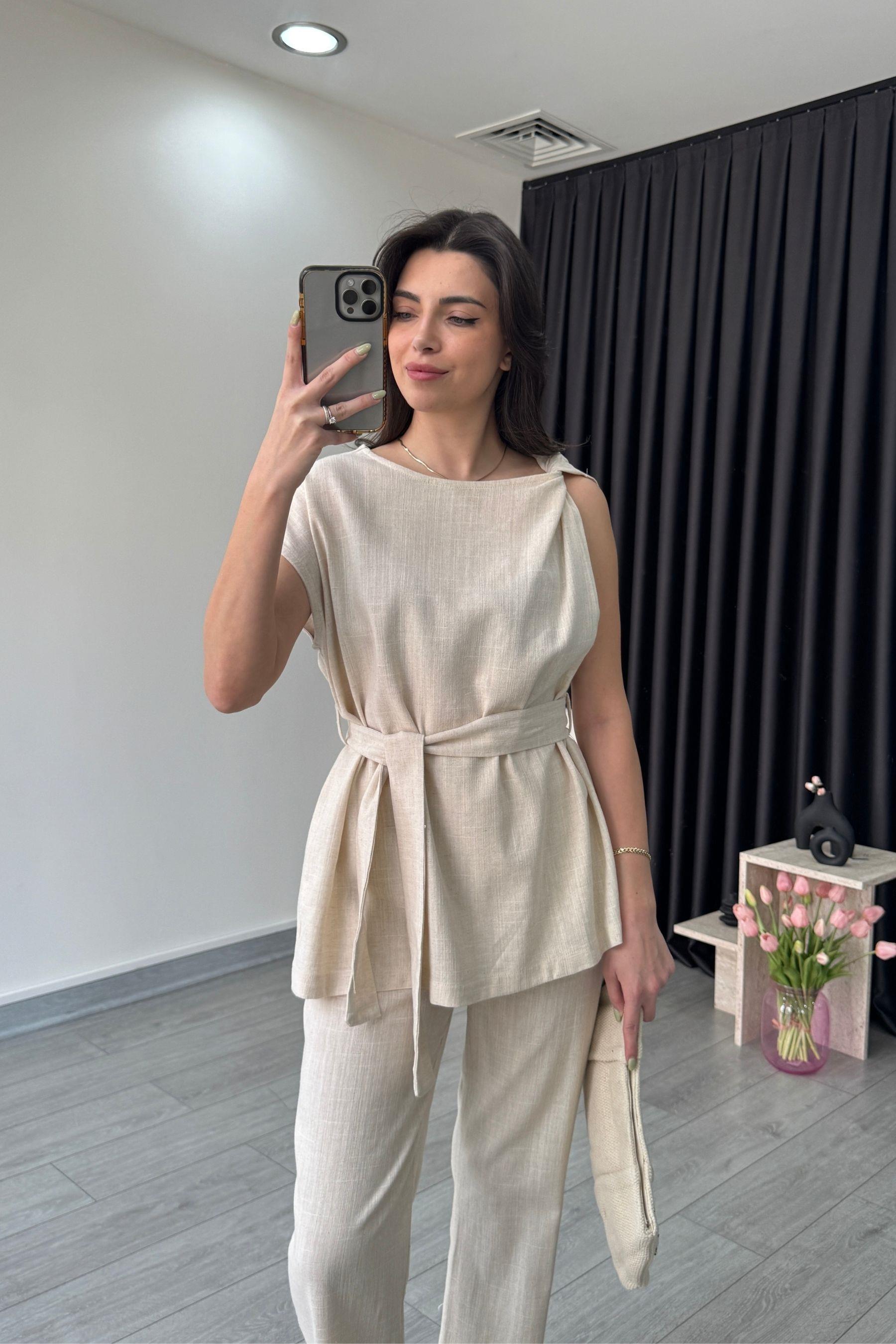 Natural Omzu Burgulu Keten Bluz Pantolon Takım