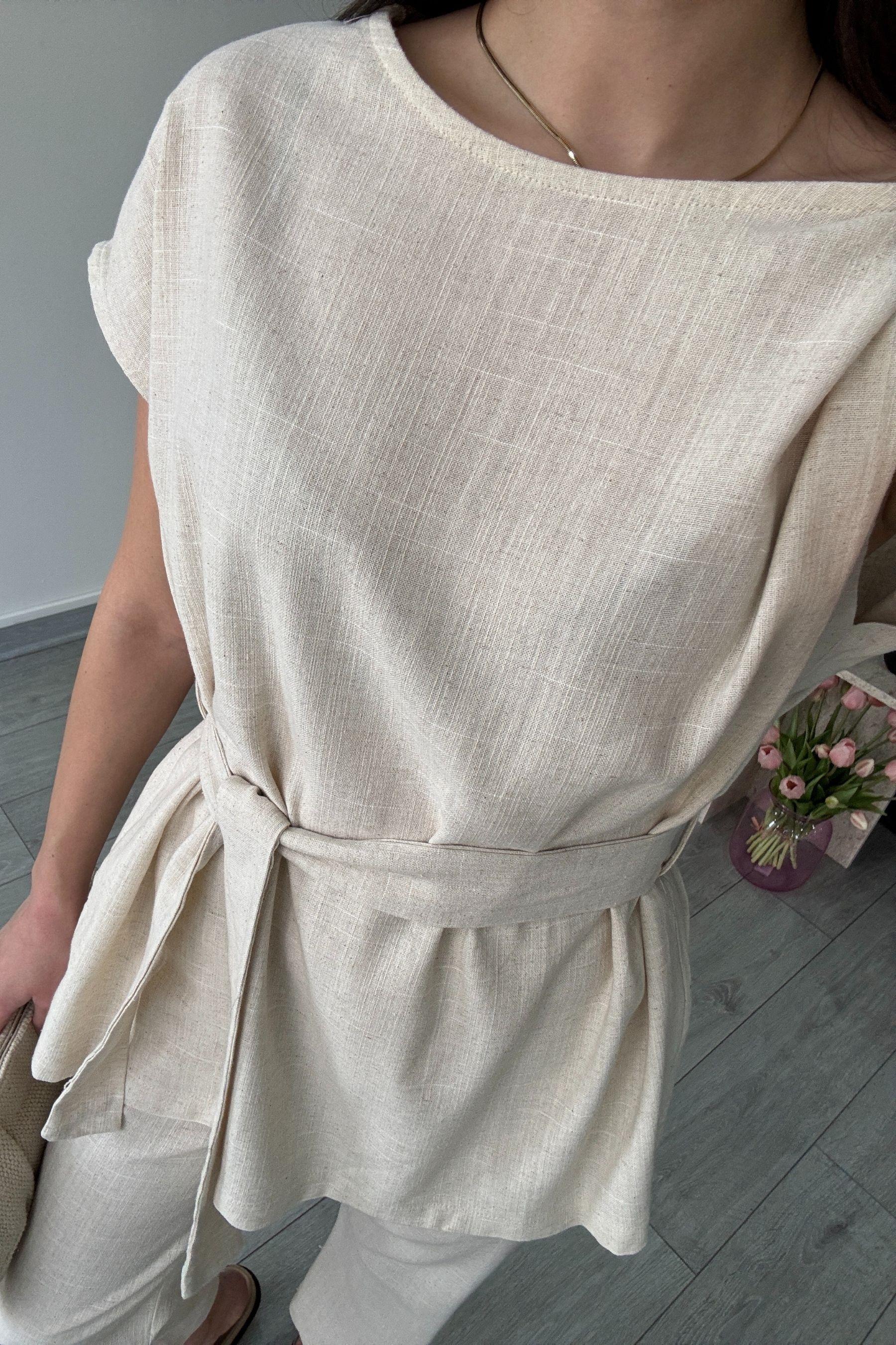 Natural Omzu Burgulu Keten Bluz Pantolon Takım