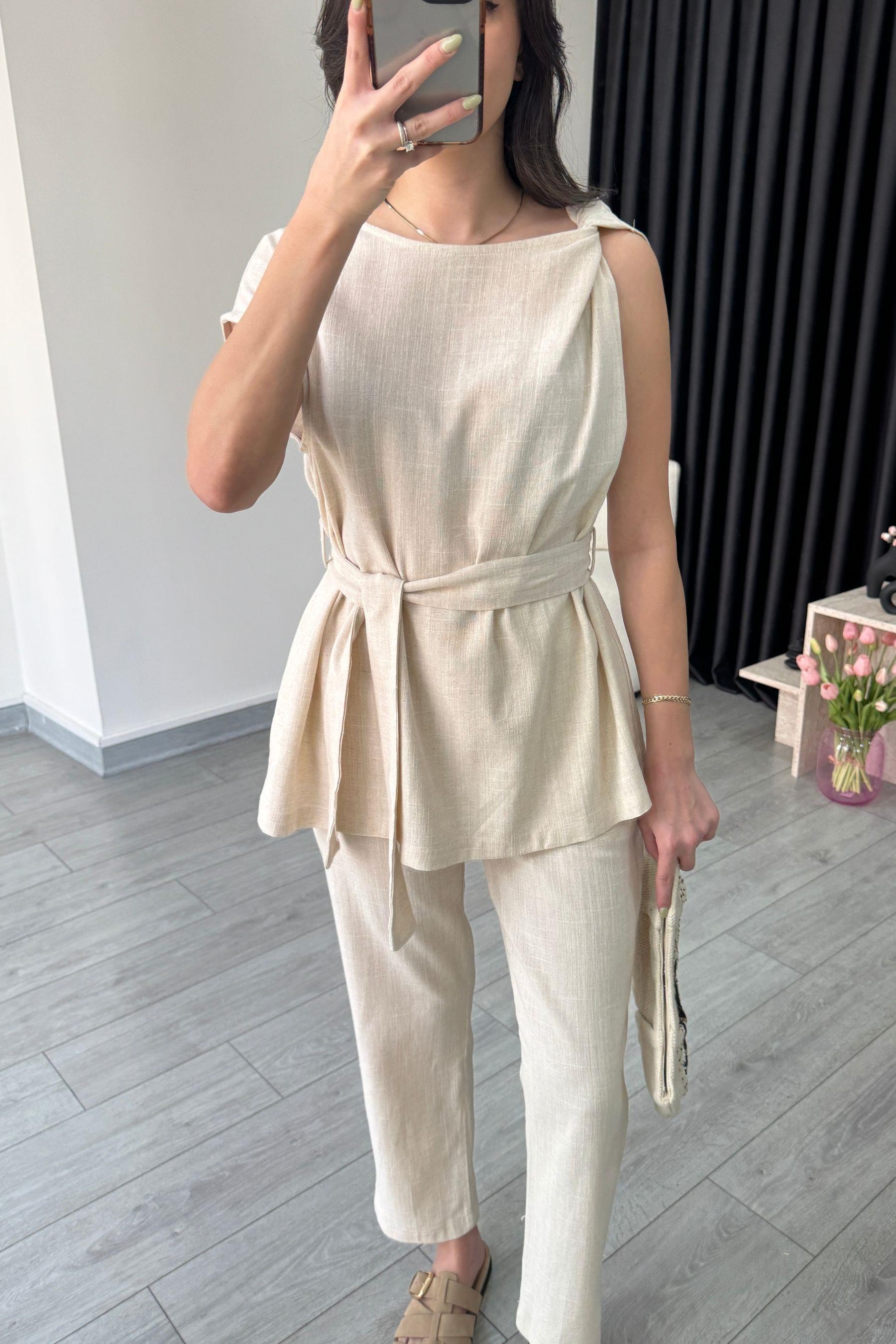 Natural Omzu Burgulu Keten Bluz Pantolon Takım
