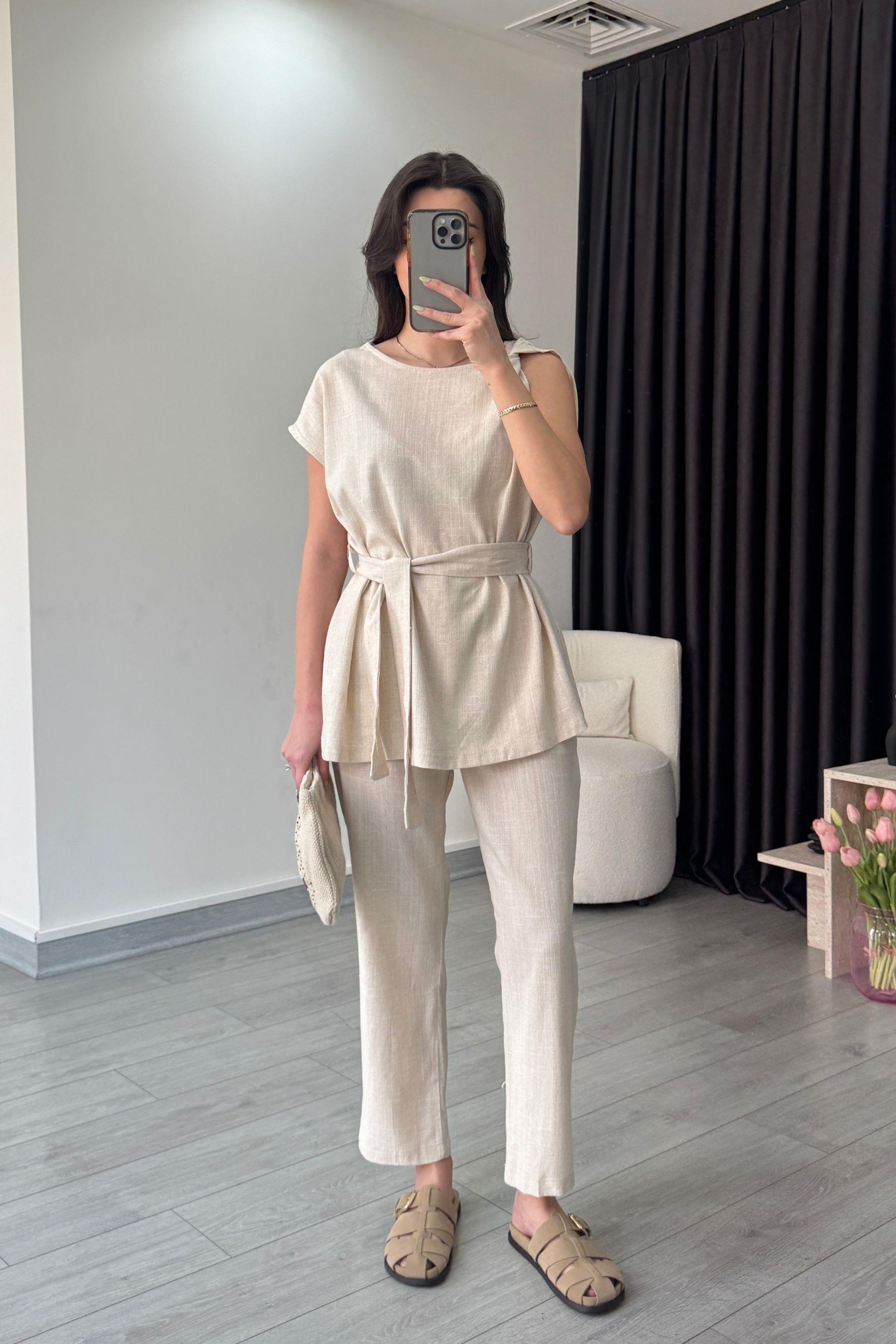 Natural Omzu Burgulu Keten Bluz Pantolon Takım