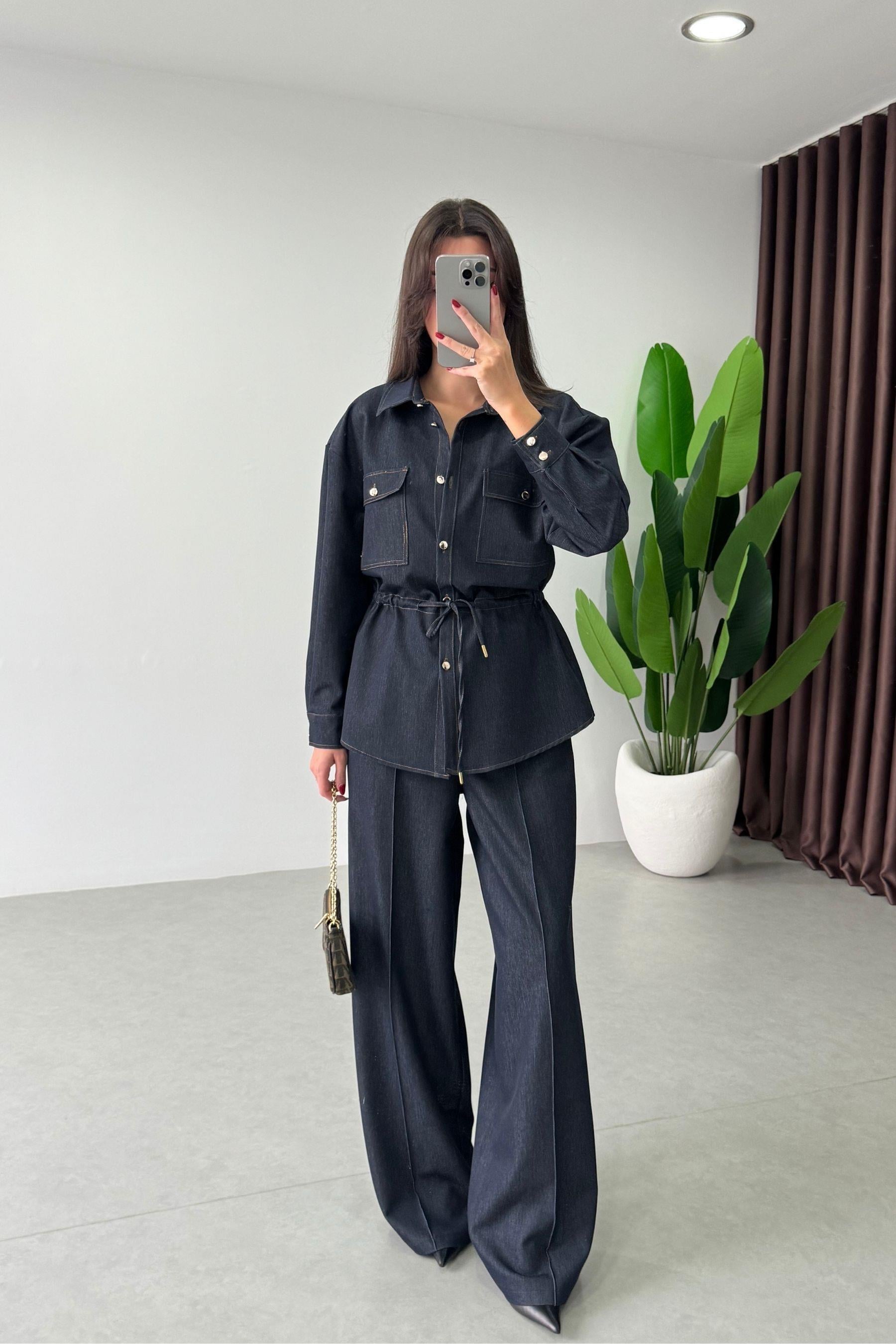 Nessa Lacivert Beli Lastikli Denim Takım