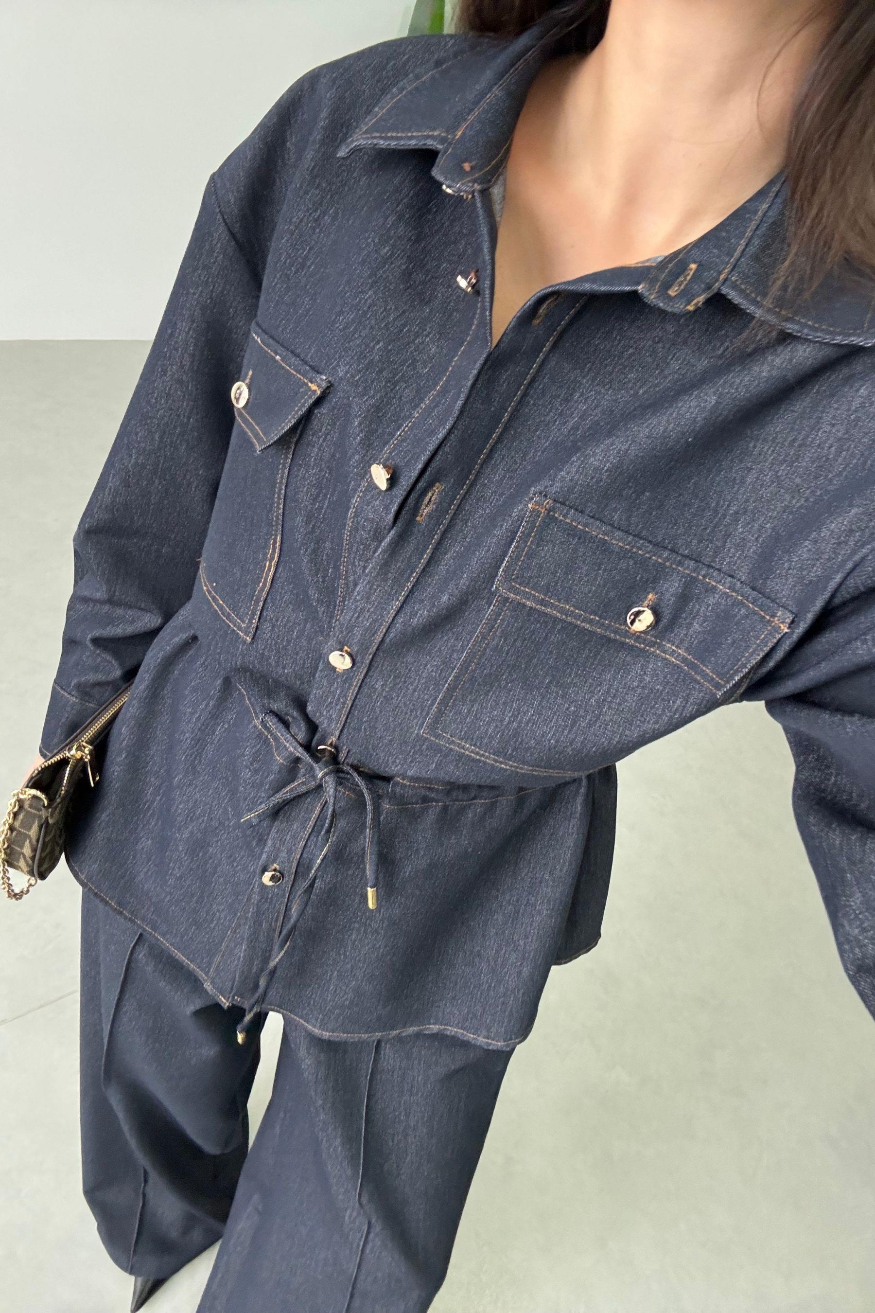 Nessa Lacivert Beli Lastikli Denim Takım