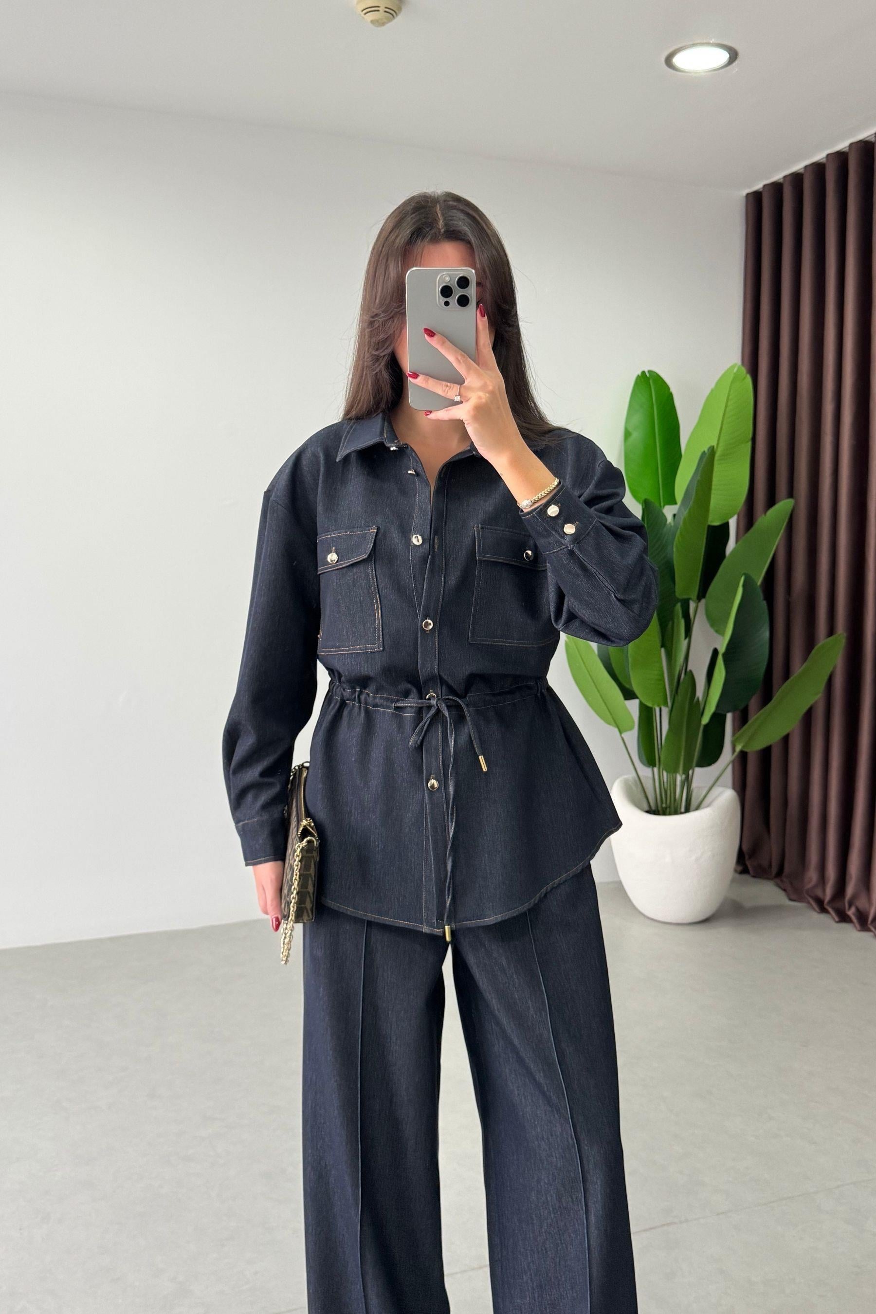 Nessa Lacivert Beli Lastikli Denim Takım