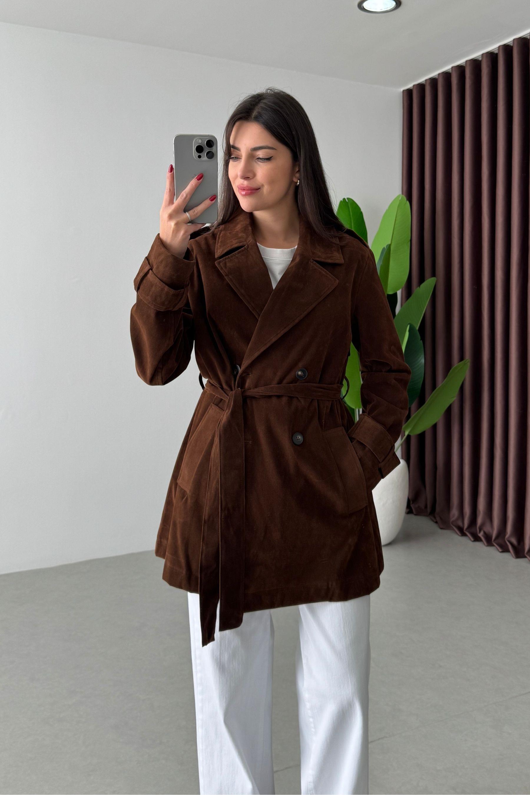 Nixi Kahve Premium Süet Midi Boy Trençkot