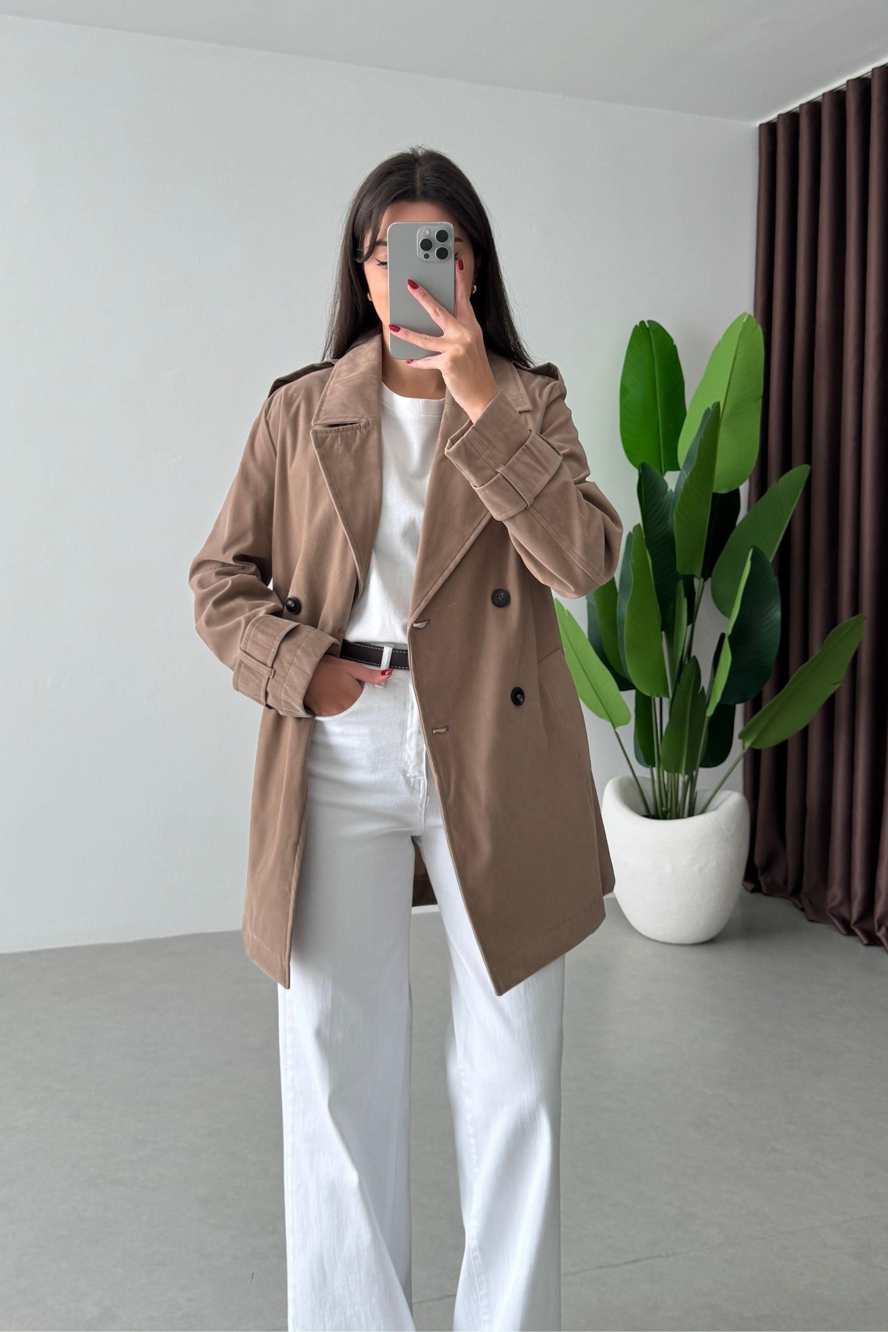 Nixi Bej Premium Süet Midi Boy Trençkot