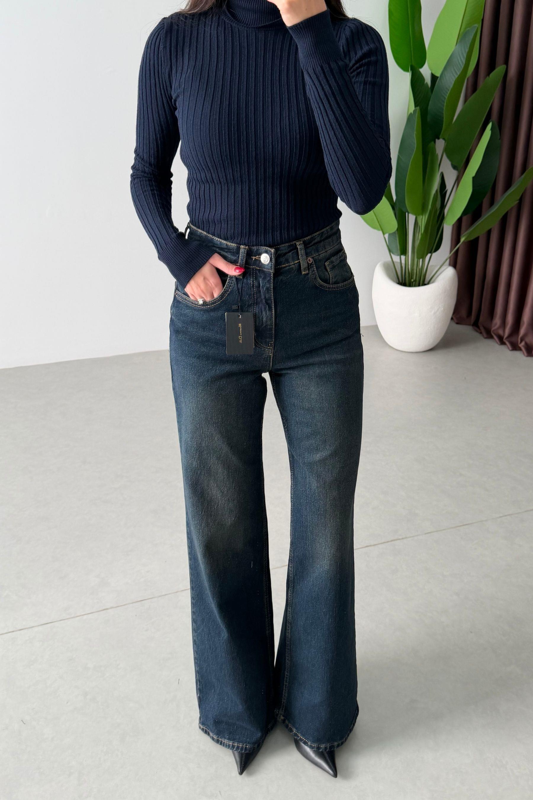 Noir Koyu Mavi Tintli Wide Leg Jean