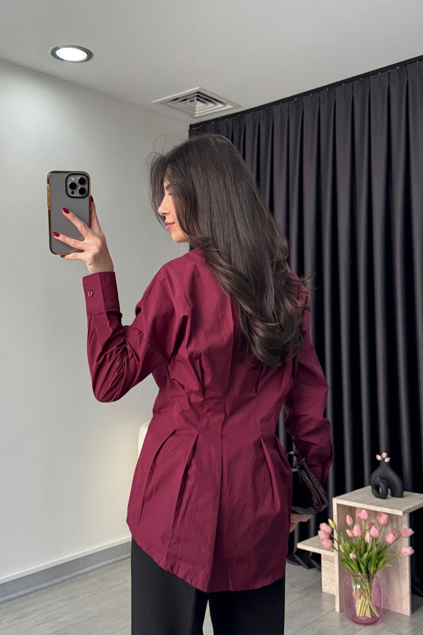 Nori Belden Oturtmalı Bordo Poplin Gömlek