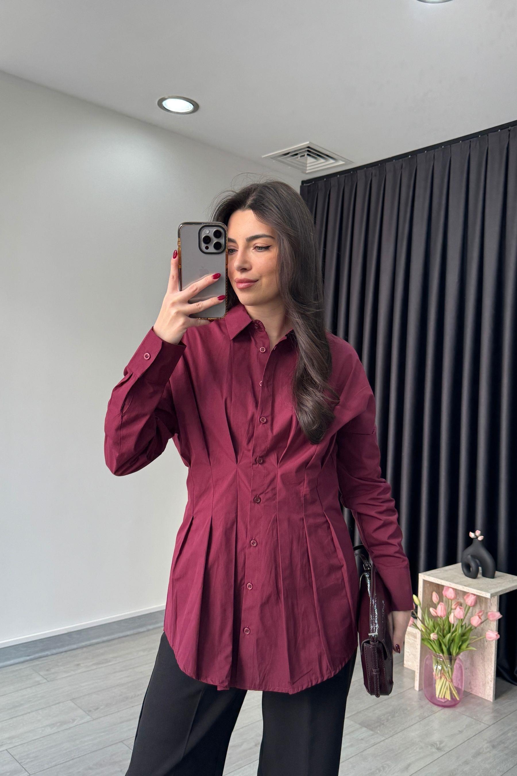Nori Belden Oturtmalı Bordo Poplin Gömlek