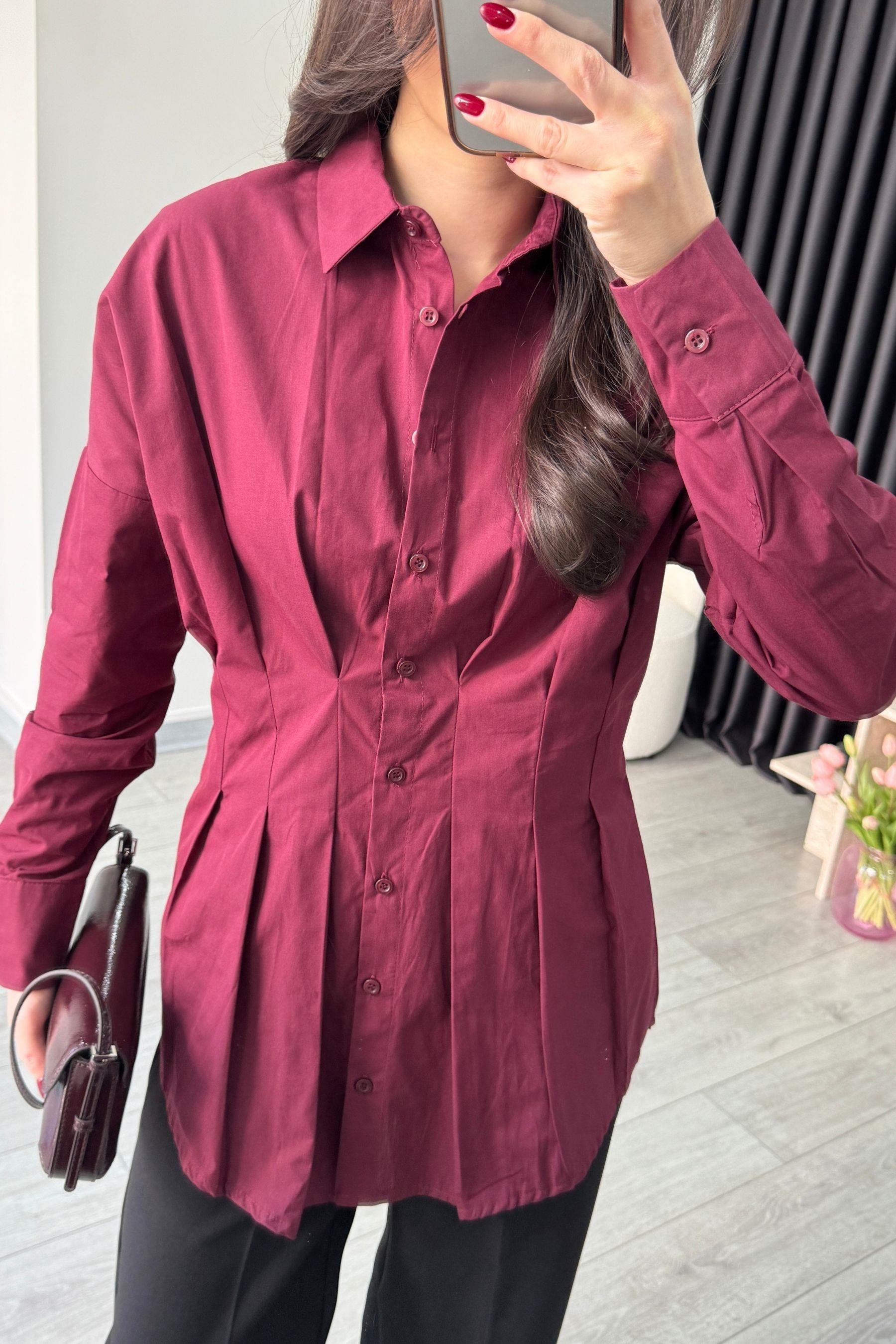 Nori Belden Oturtmalı Bordo Poplin Gömlek