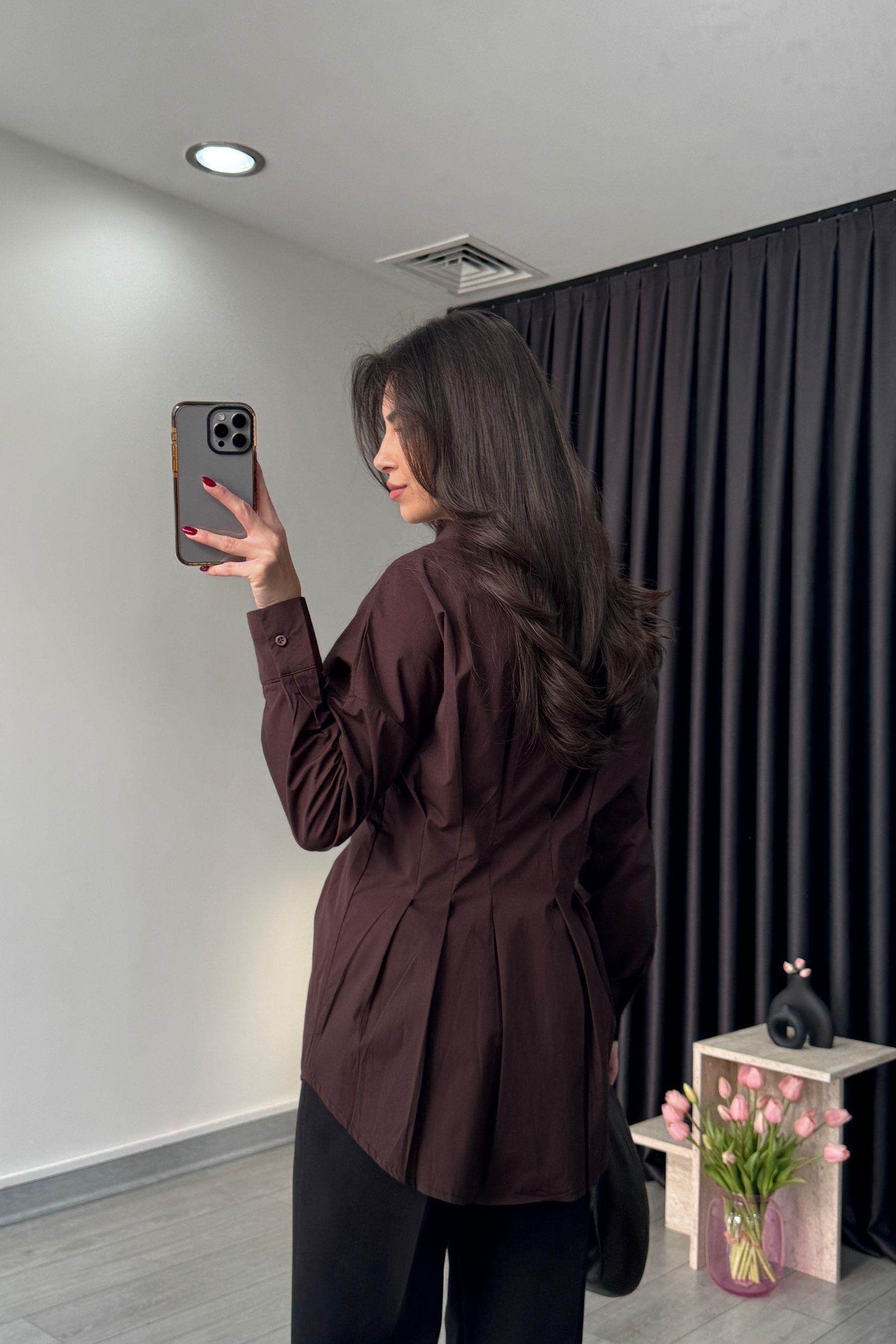Nori Belden Oturtmalı Acı Kahve Poplin Gömlek